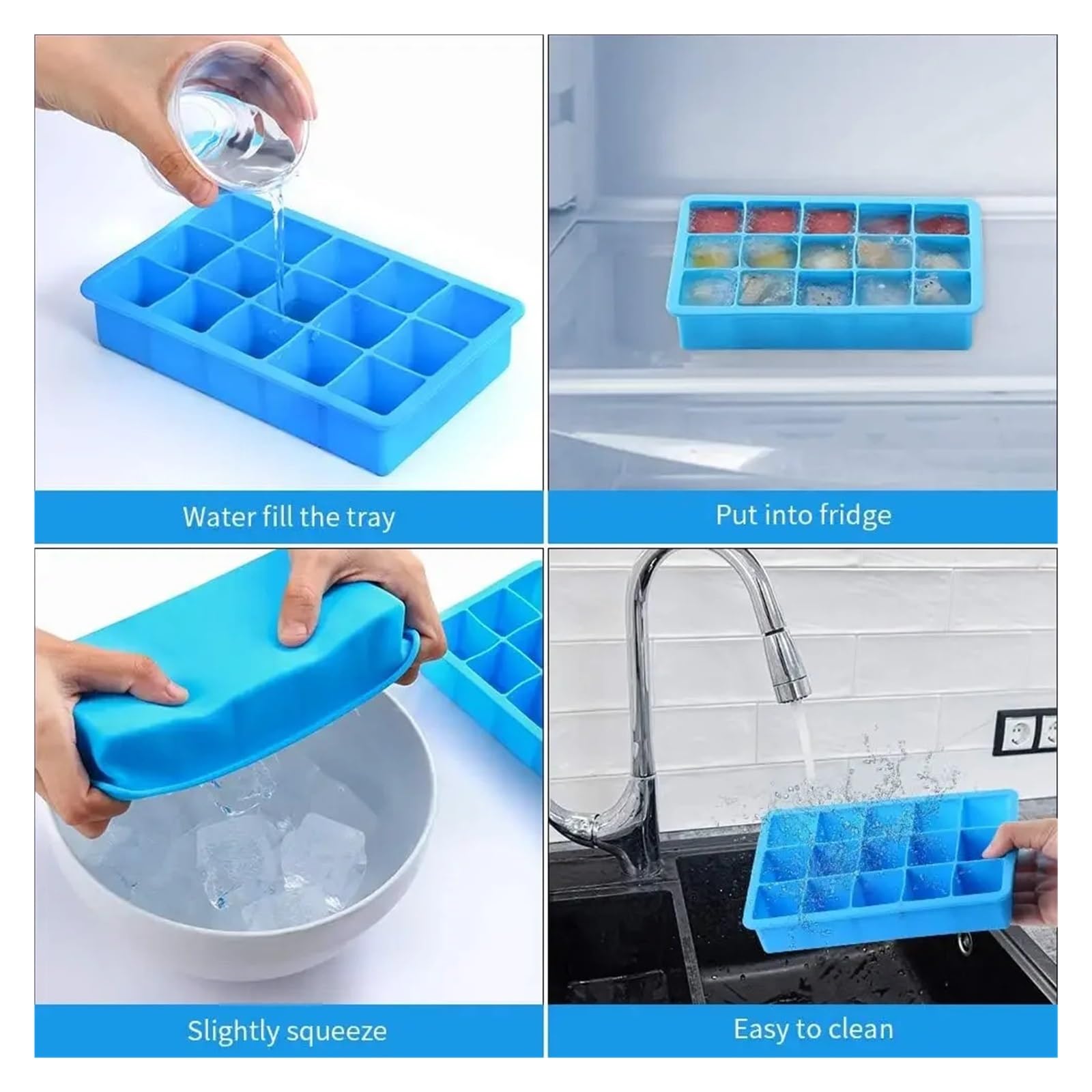 Juego de 4 bandejas de silicona for cubitos de hielo con tapas, moldes cuadrados grandes for hacer hielo, bandejas apilables flexibles for congelador for whisky y cócteles(SET 8grids)
