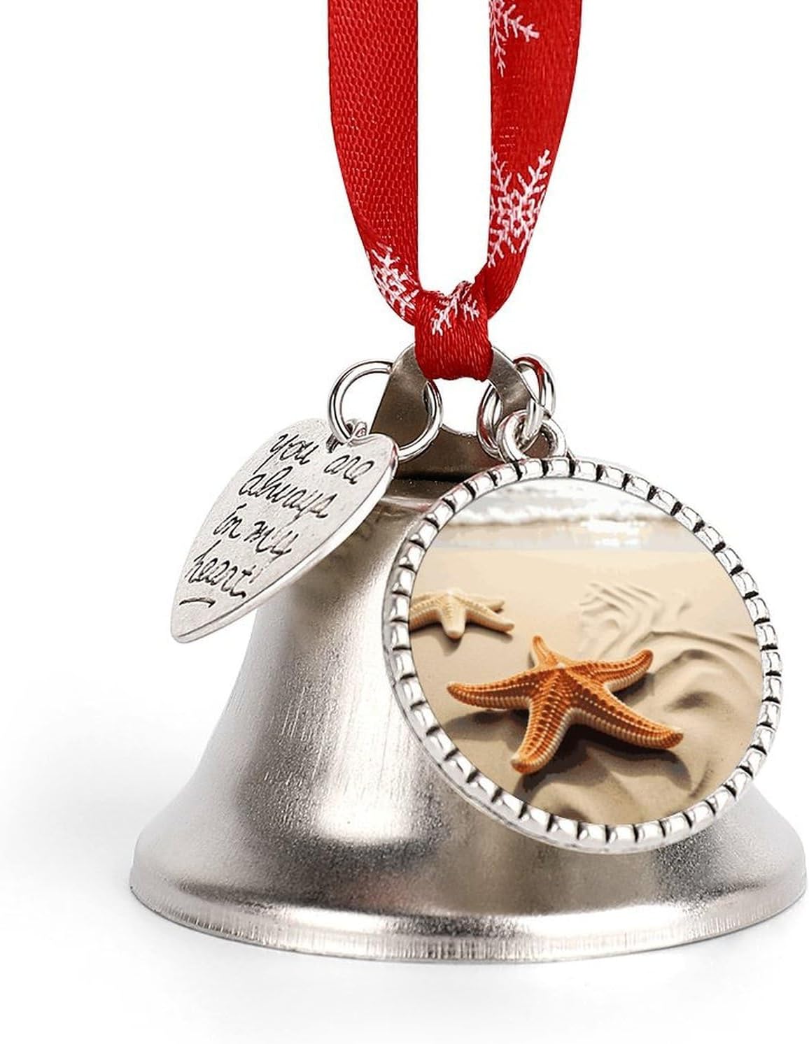 Starfish on The Sand Beach Landscape Christmas Bell Ornament Metal Christmas Jingling Bell Vintage Bells for Xmas Tree Decors Wings & Loves Bells Ornaments for Holiday Decor