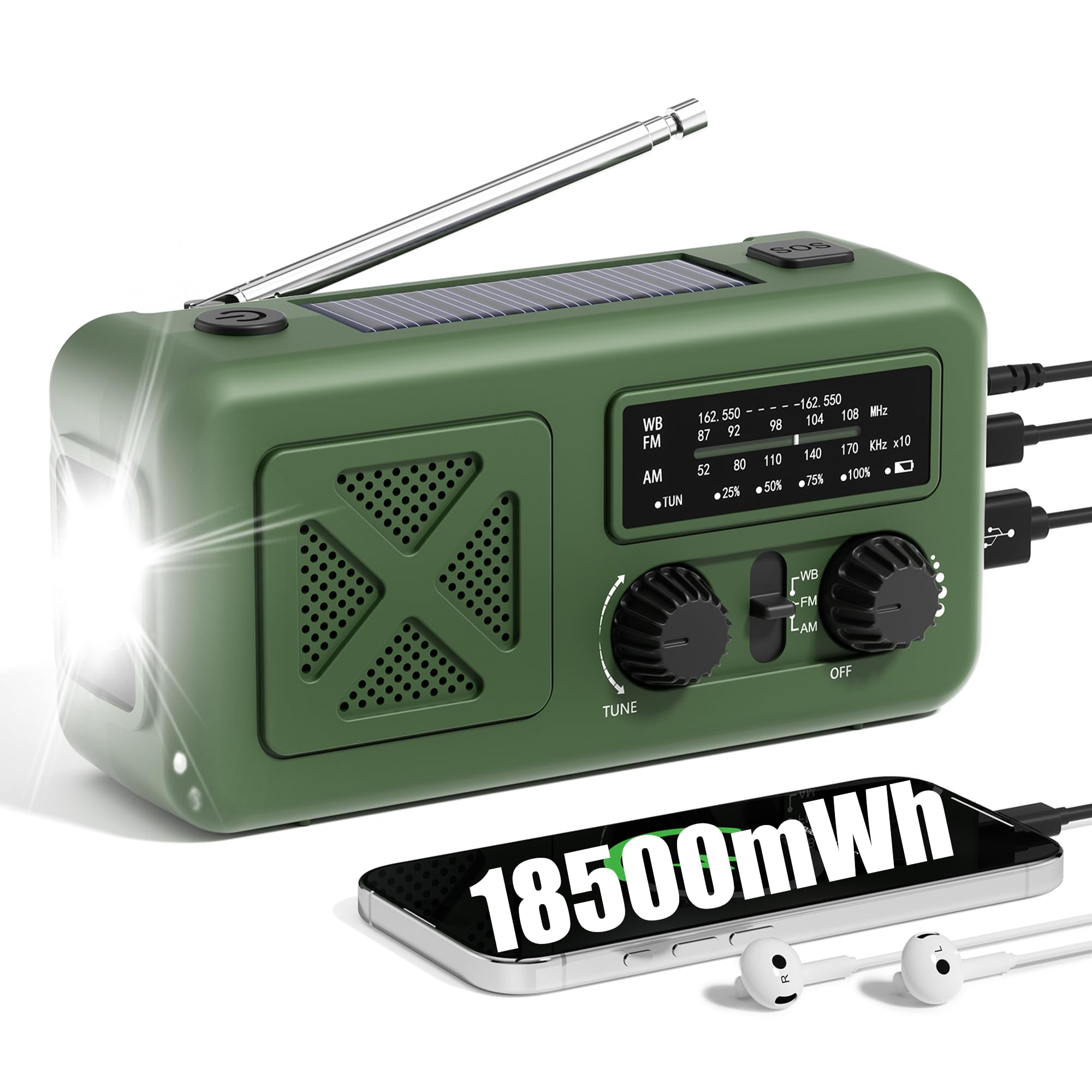 Emergency Radio Hand Crank Solar, 5000mAh/18500mWh Emergency Weather Radio, Hand Crank Solar Radios with NOAA/AM/FM, Cell Phone Charger, Headphone Jack, Flashlight for Indoor Outdoor