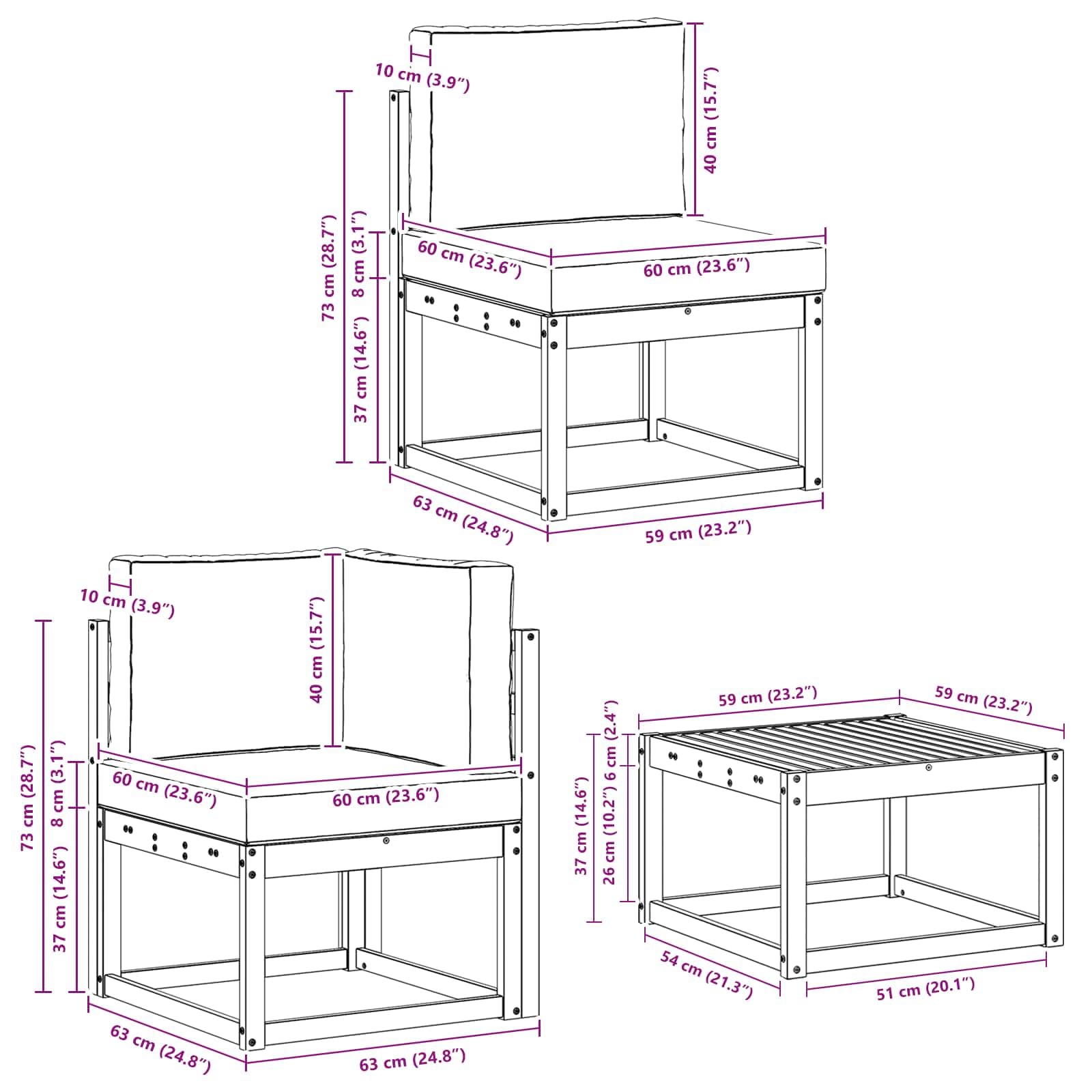 Gartenmöbelgarnitur Set 7-teilig aus wetterfestem Akazienholz für Terrasse Balkon und Garten, modulare Sitzgruppe mit Tisch, Sofas, Armlehnen, Kissen und Rückenpolstern