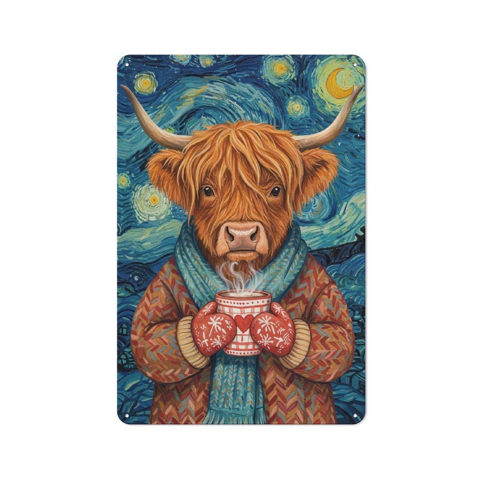 Junmoney Style-12 Creative Highland Cow In Starry Night Office Metal Sign 30X20cm, Study Room Decor For Workspace, Cafe, Shop Or Desk Area
