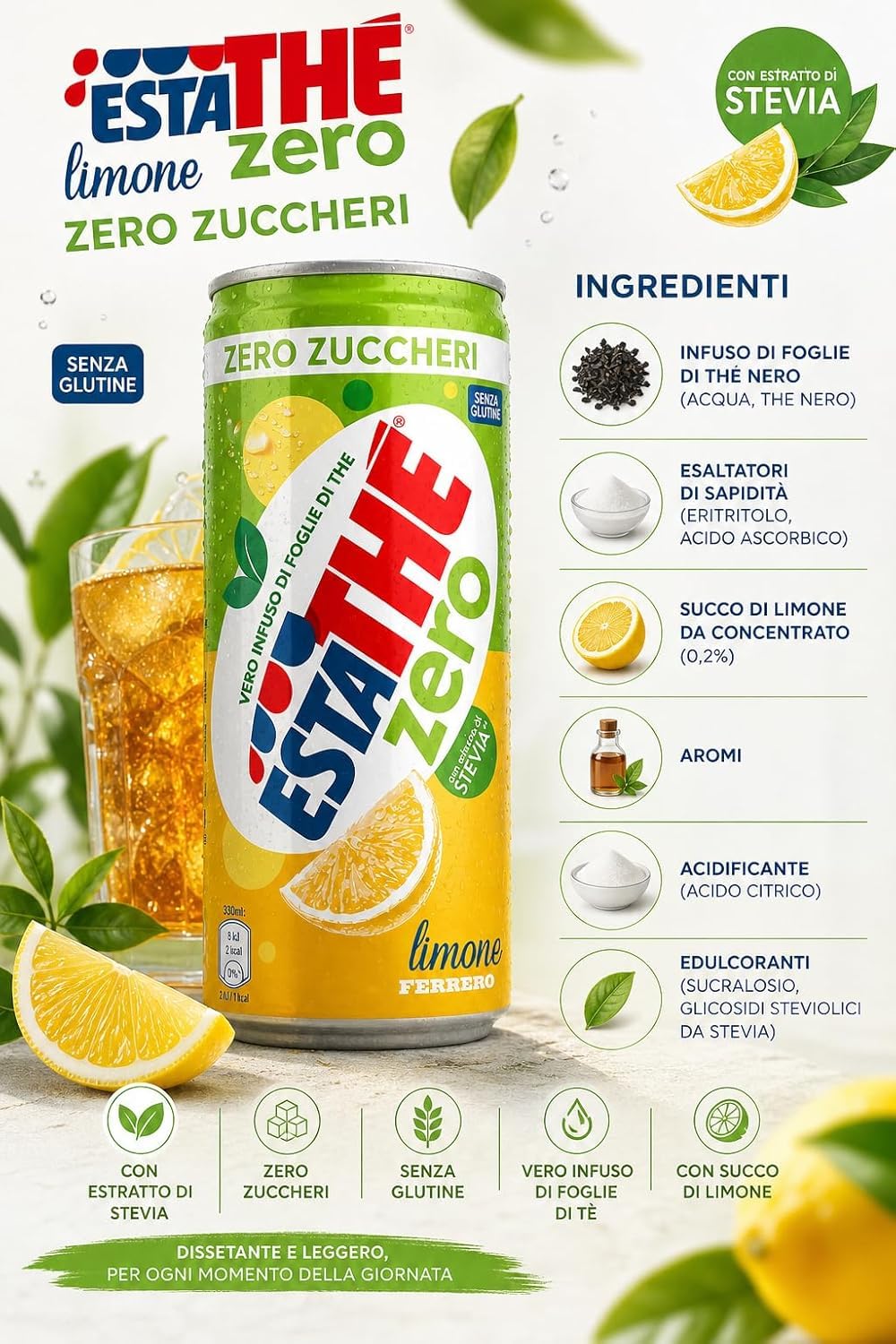 Italian Gourmet Bundle Zuckerfreier Zitronen-Eistee 48x 330ml + Italian Gourmet Polpa Gratis – Erfrischungsgetränk mit Tee-Aufguss, Zitrone & Stevia-Extrakt, glutenfrei 15,84L