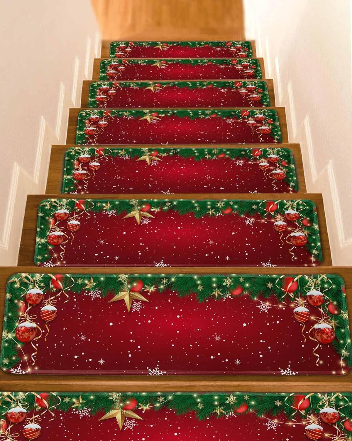Rose Red Christmas Snowflakes Stair Treads for Wooden Steps Indoor Runner Rug Carpet, Winter Holiday Watercolor 10 Pieces Peel and Stick Staircase Step Treads Covers Washable Throw Door Mats 30"x8"