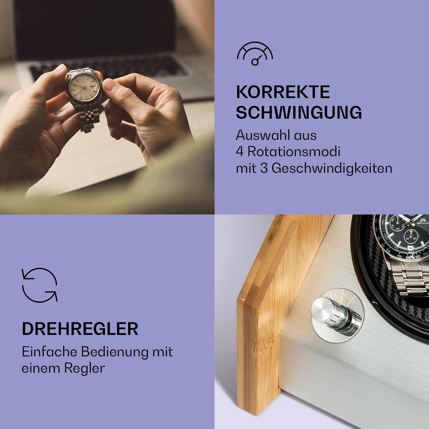 Klarstein Garonne 6 Uhrenbeweger für Automatikuhren - Uhrendreher mit 3 Drehtellern für 6 Uhren, Watch Winder mit 3 Drehgeschwindigkeiten, 4 Ratationsmodi, Bambusgehäuse