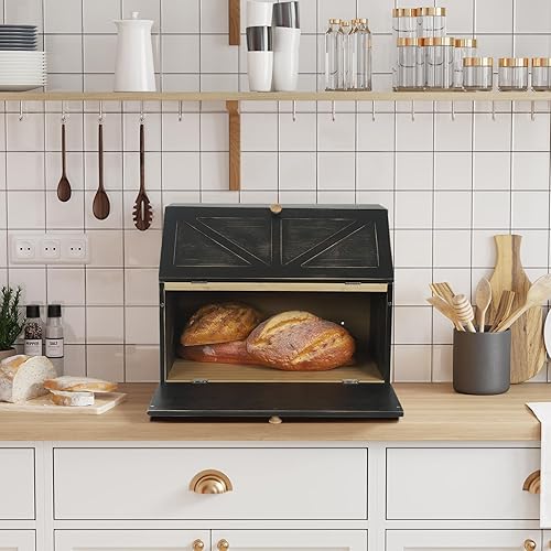 Miniatura 37 de HOMEKOKO Panera grande de doble capa para encimera de cocina, contenedor de almacenamiento de pan de madera de gran capacidad (negro) Negro