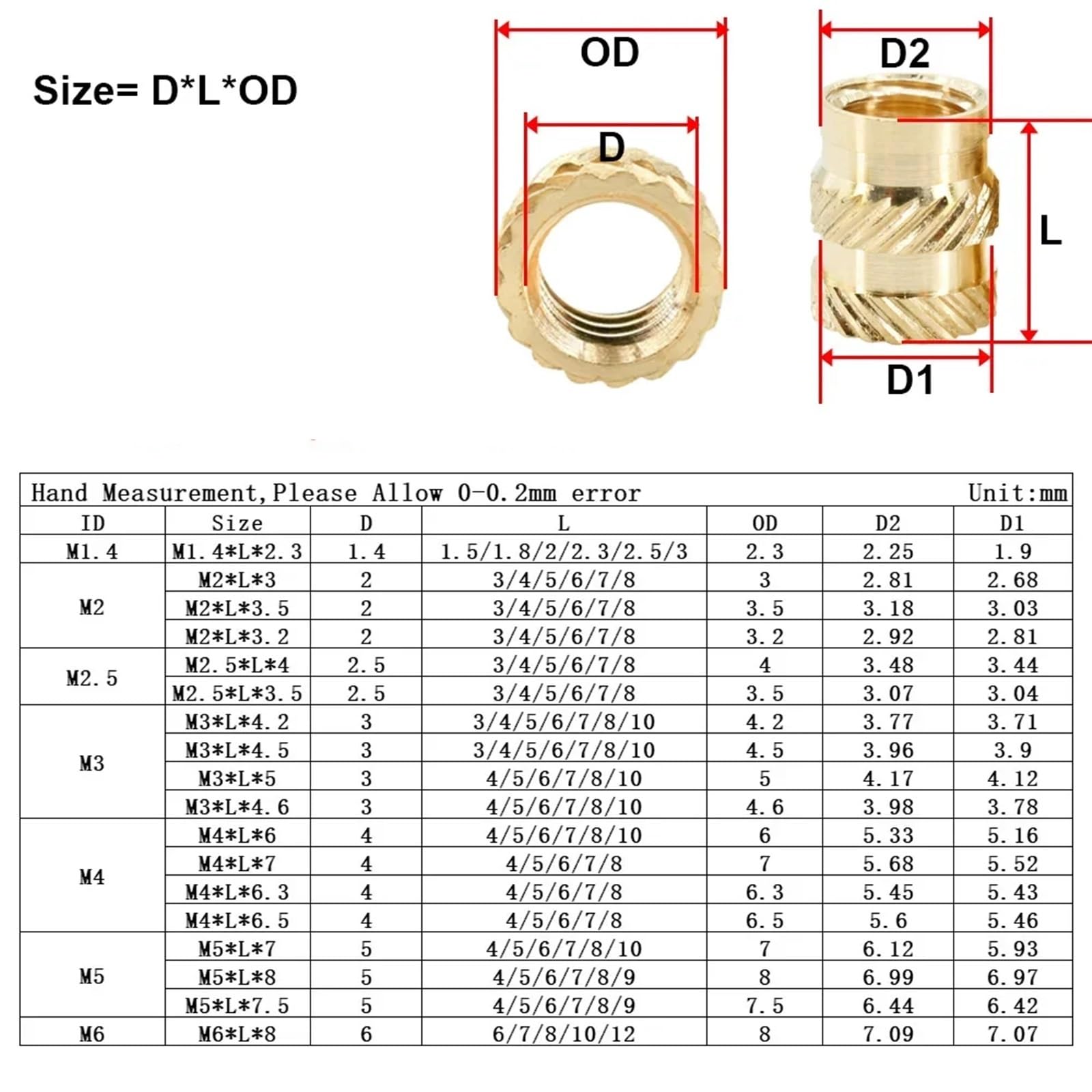 Tuercas Moleteadas de Latón 200/300/500 Uds. Tuerca termofusible de inserción de latón M2 M3 M4 M5 M6 insertos de impresión 3d roscados métricos de calor tuercas insertables de fusión en caliente Nuts
