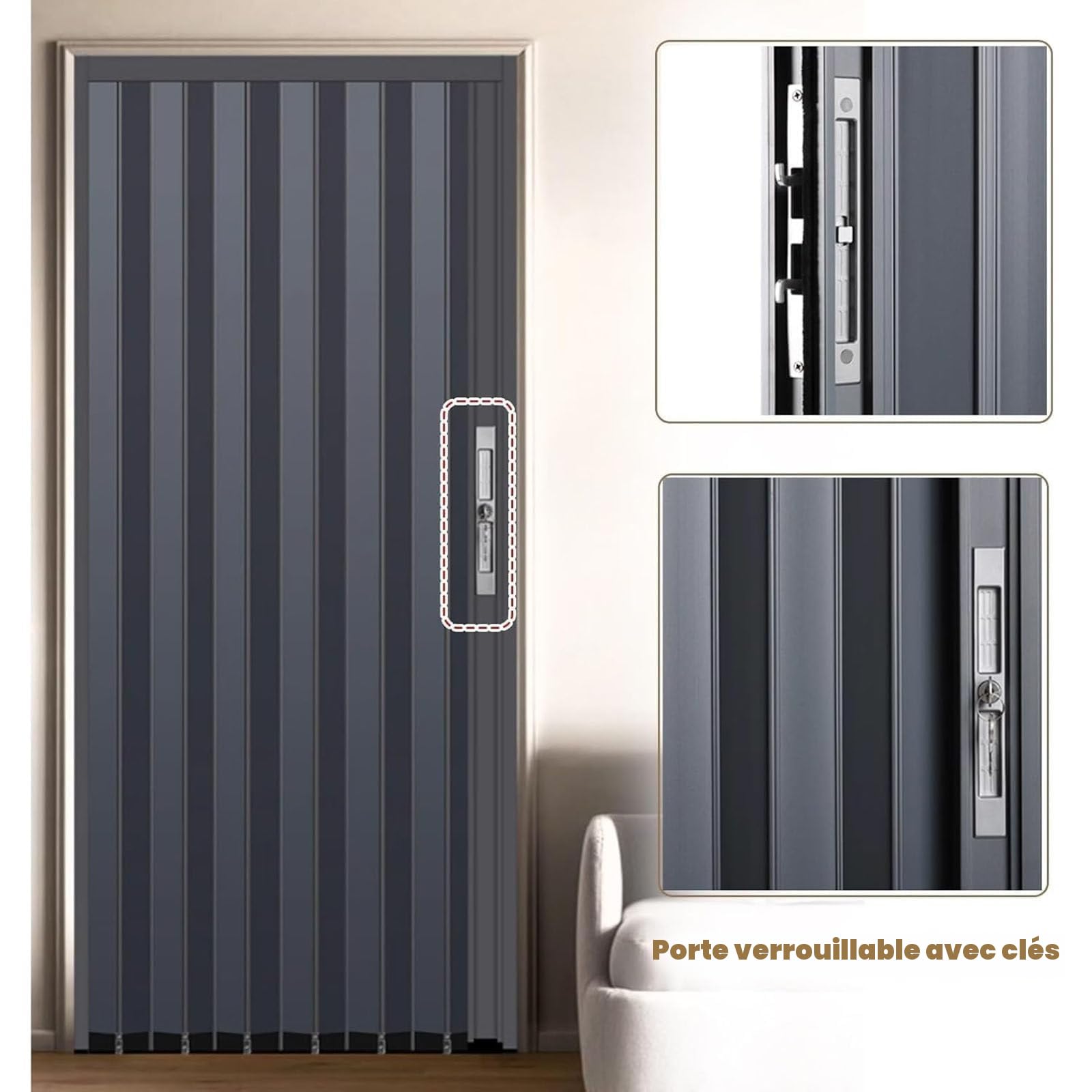 Porte accordéon pliante verrouillable avec serrure et clé, panneaux coulissants de placard, séparateur de pièce pour chambre à coucher et salon