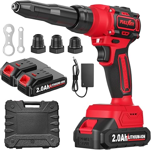 Pistola de remache eléctrica, pistola de remache inalámbrica con 2 baterías y cargador rápido, herramienta de pistola remachadora de motor sin