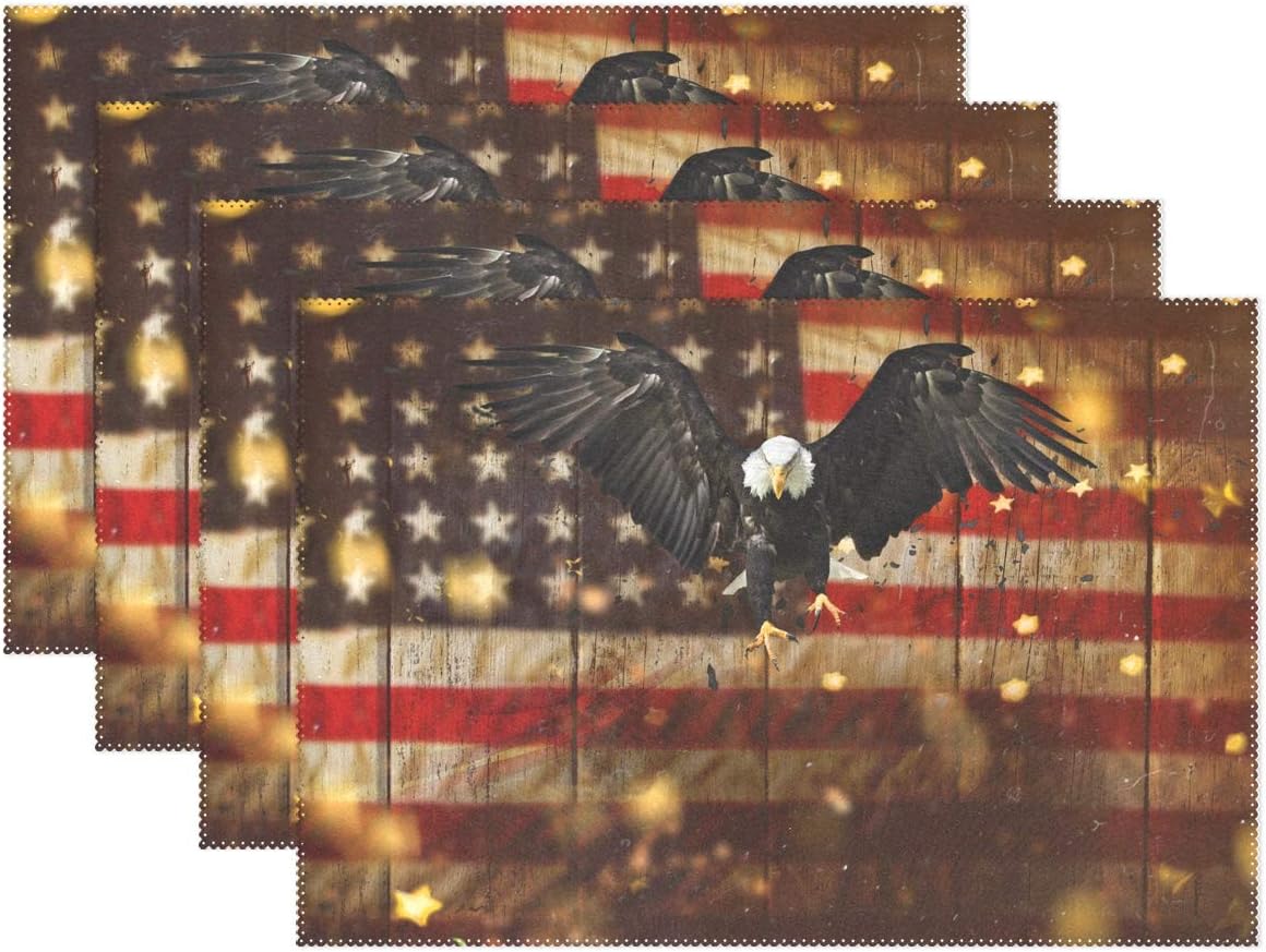 ALAZA Bald Eagle Flying with American Flag Placemats for Dining Table Heat Resistant Kitchen Table Decor Washable 4th of July 4th of July Table Mats Set of 4