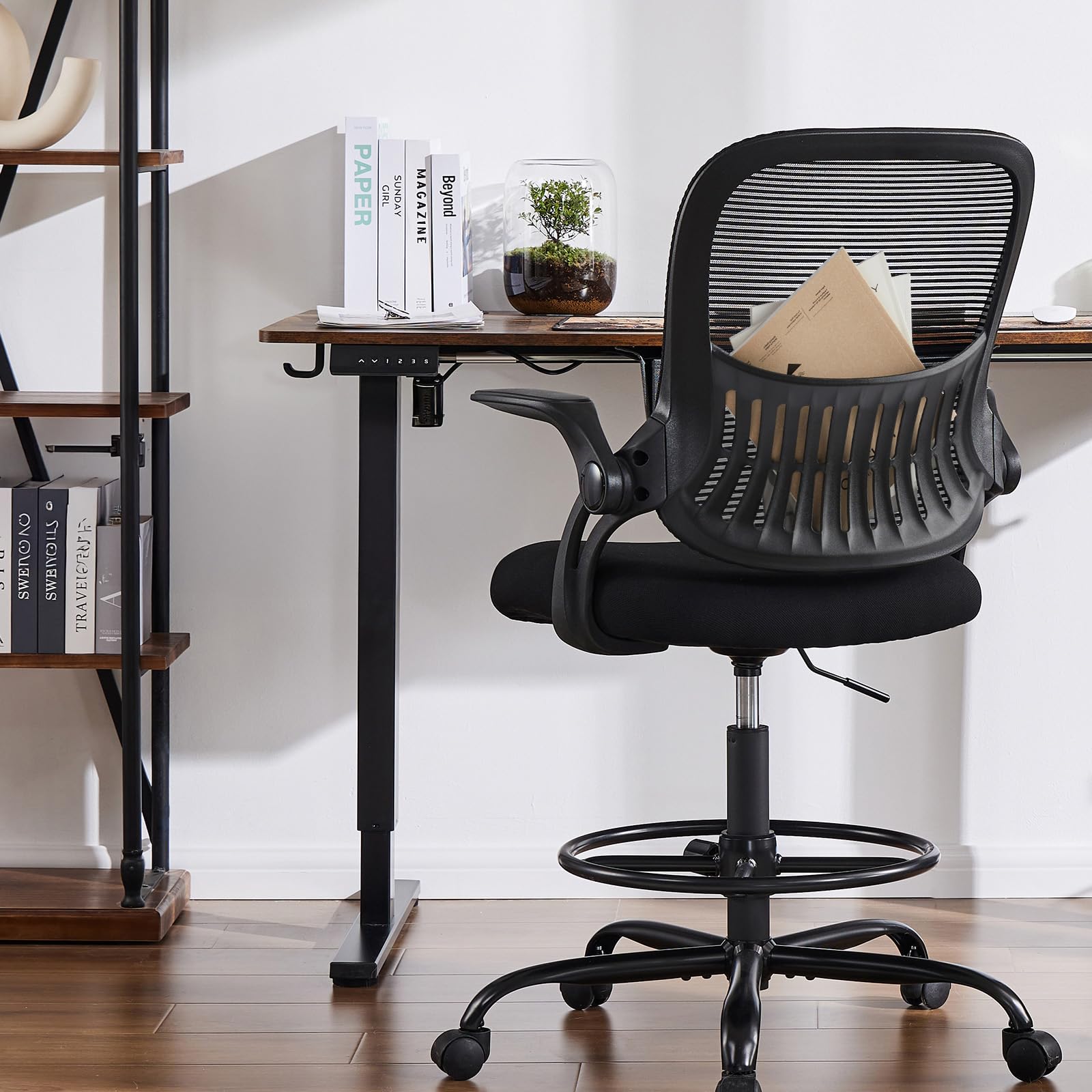Smug Drafting Chair with Flip-up Arms, Height Adjustable Standing Tall Office Desk Chair with Foot Ring, Ergonomic Swivel Computer Chairs with Rolling Wheels, Black