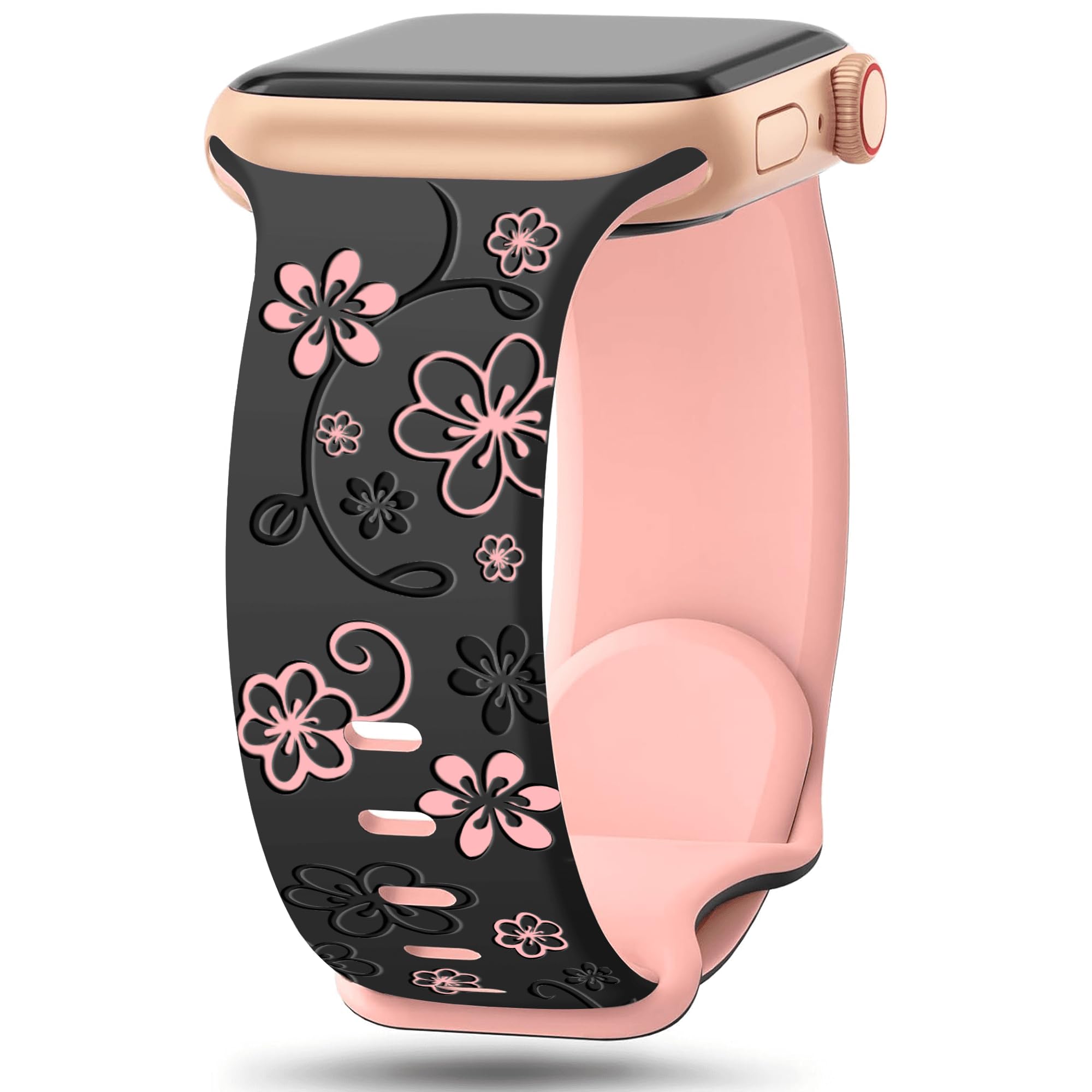 Pleixiu Floral Engraved Band Compatible with Apple Watch Bands for Women 41mm 42mm 44mm 45mm 46mm 49mm 38mm 40mm, Soft Silicone Cute Flower Strap for iWatch Bands Series 10 9 SE 8 7 6 5 4 3 2 1 Ultra 2 1-Black/Pink