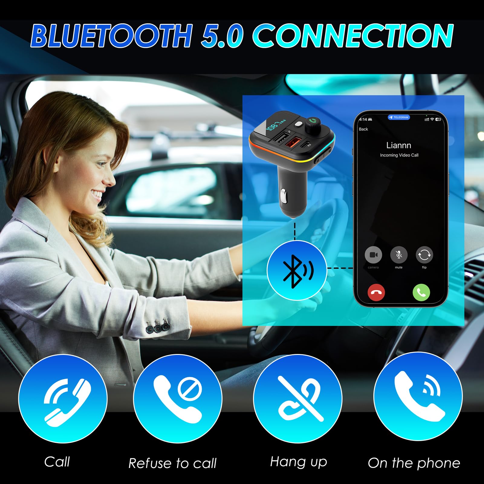 Trasmettitore FM Bluetooth Auto 5.0, Adattatore Bluetooth Audio QC3.0 Ricarica Rapida 2USB y 1PD 18W per Chiamate Vivavoce e Musica, Accendisigari con LED Display, Supporta USB e TF