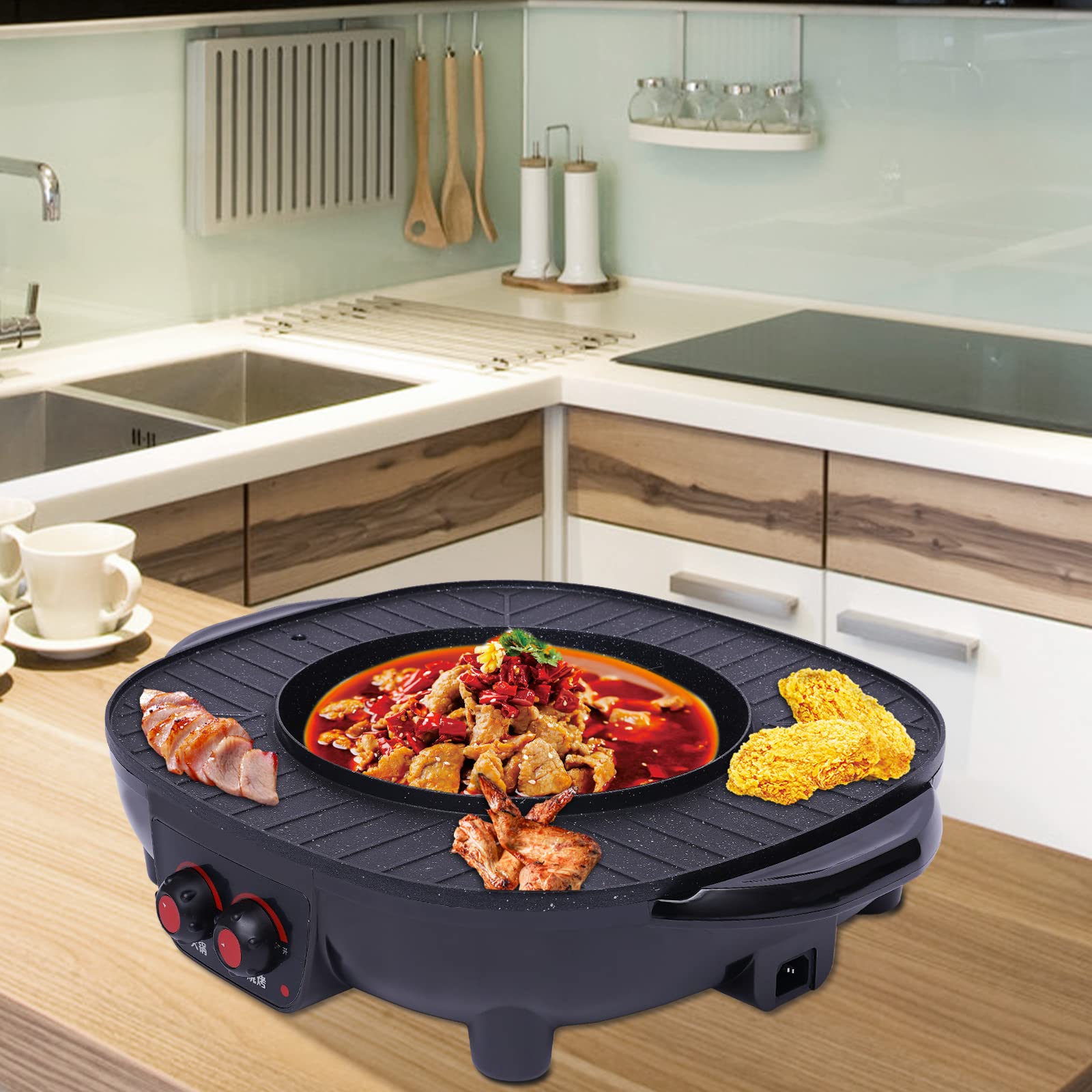 Pot de Fondue Party Food et Gril de Table Électrique Hot Pot et Gril Électrique 2 en 1 - Gril BBQ Coréen Électrique d'Indoor - Barbecue - Fondue - Raclette Pour 5-6 Personnes - 220V - 2000W
