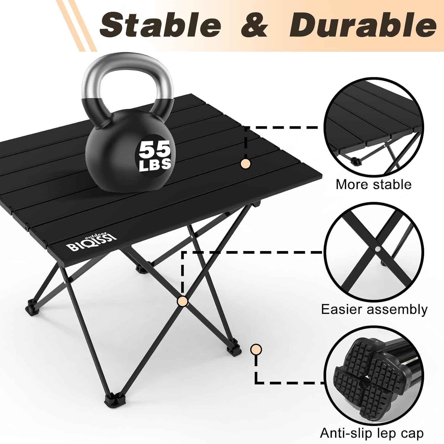 Folding Camping Table, Aluminum Folding Beach Table w/Carry Bag, Portable Picnic Table for Outdoor, Camping, Picnic, Travel Camping Table (Black, 22")