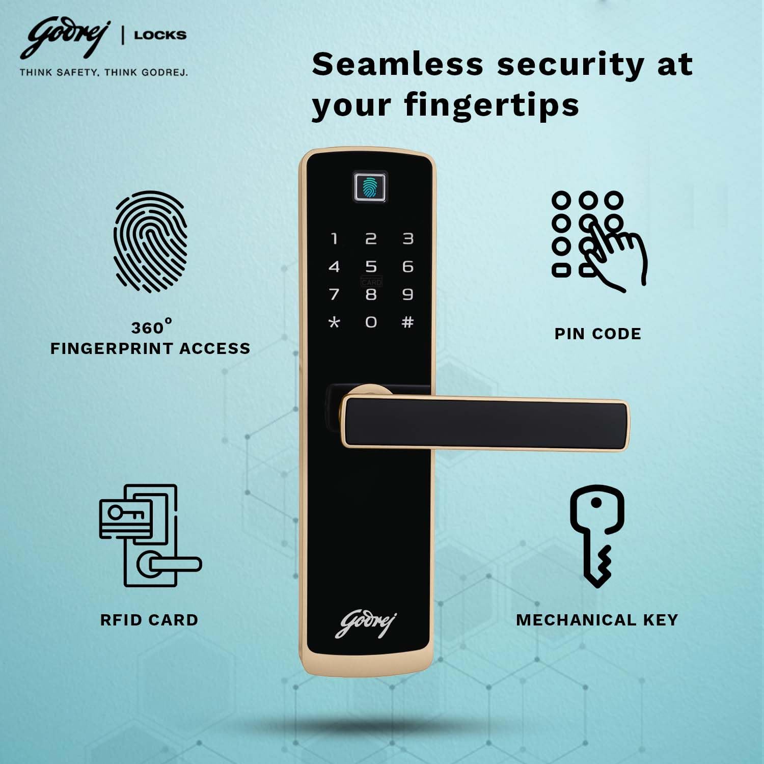Godrej Smart Lock I Catus Touch Plus I Digital Lock for Wooden Door I 4in1 Access I Fingerprint | RFID I PIN Access I Mechanical Key I 3 Dead Bolts I Rose Gold I 3 Yr Warranty 2