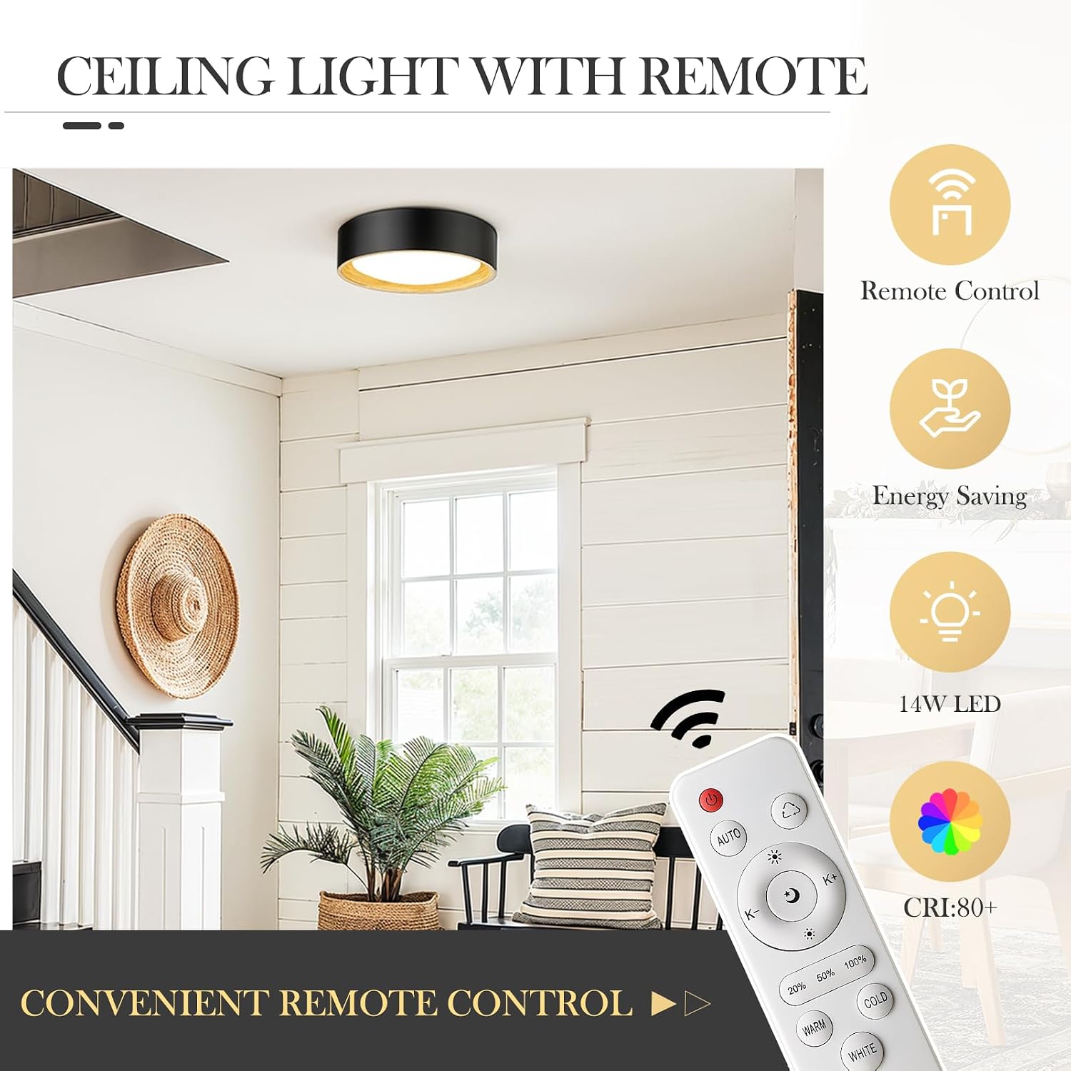 zeyu Farmhouse Ceiling Light with Remote, 14W LED Flush Mount Ceiling Light for Bedroom Hallway, Black and Wood Grain Paint Finish, 3000K-6500K Adjustable, ZSL81F-LED BK+WD