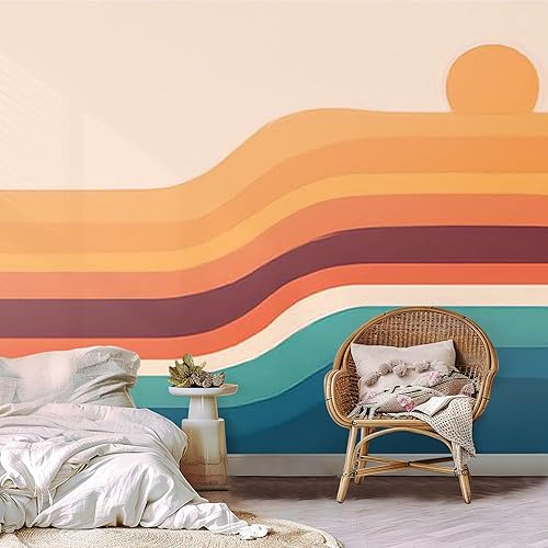 Miniatura 3 de Mural de pared retro de los años 70, puesta de sol abstracto, arco iris, onda, groovy, autoadhesivo, adhesivo para despegar y pegar, calcomanía de