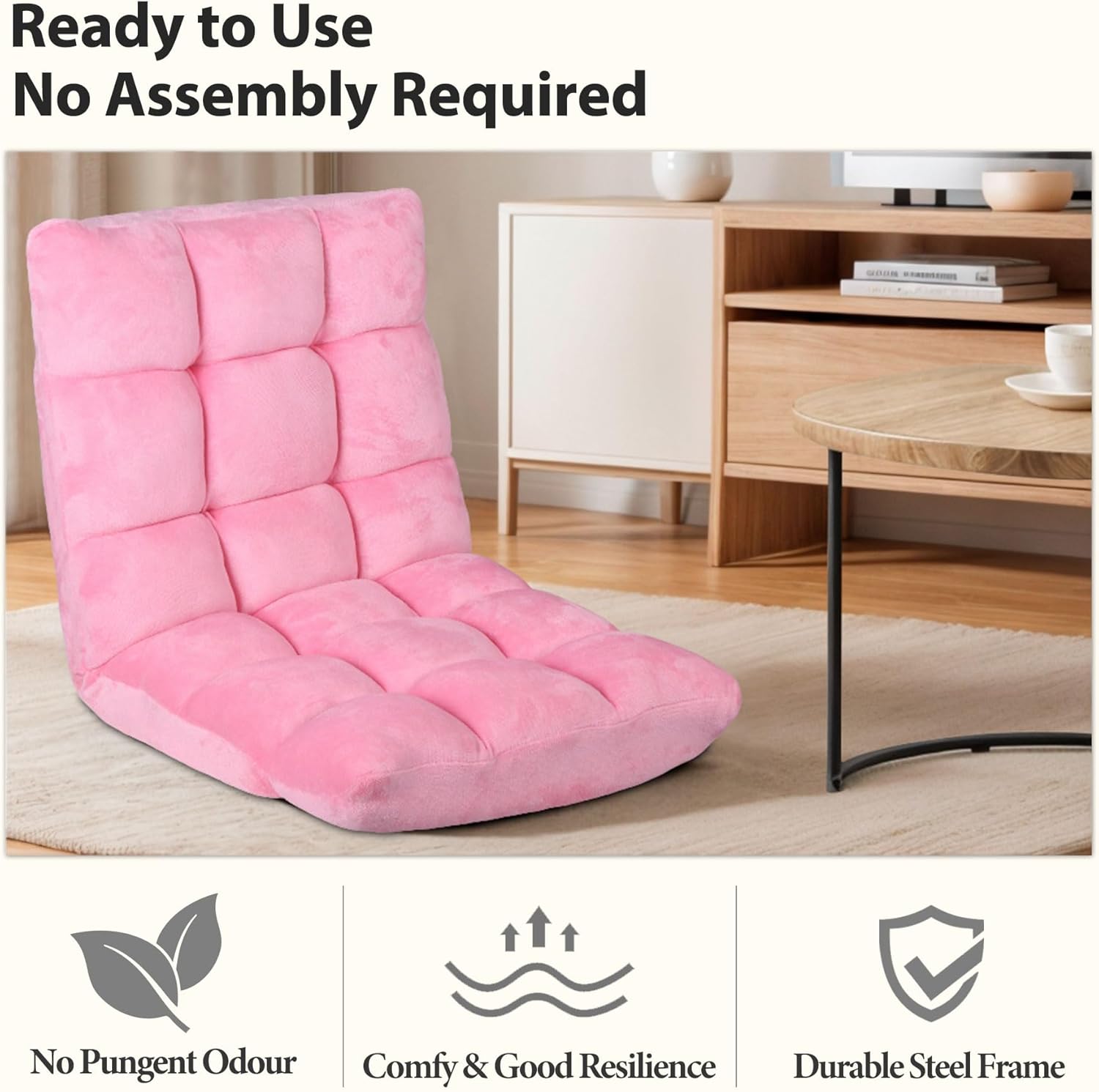Nouva Adjustable Floor Chair 14-Position Sofa Bed Foldable Cushion Video Gaming Chairs Bean Bag Chair Reading Seating for Adults Kids Teens for Bedroom Living Room Indoor Use, Pink