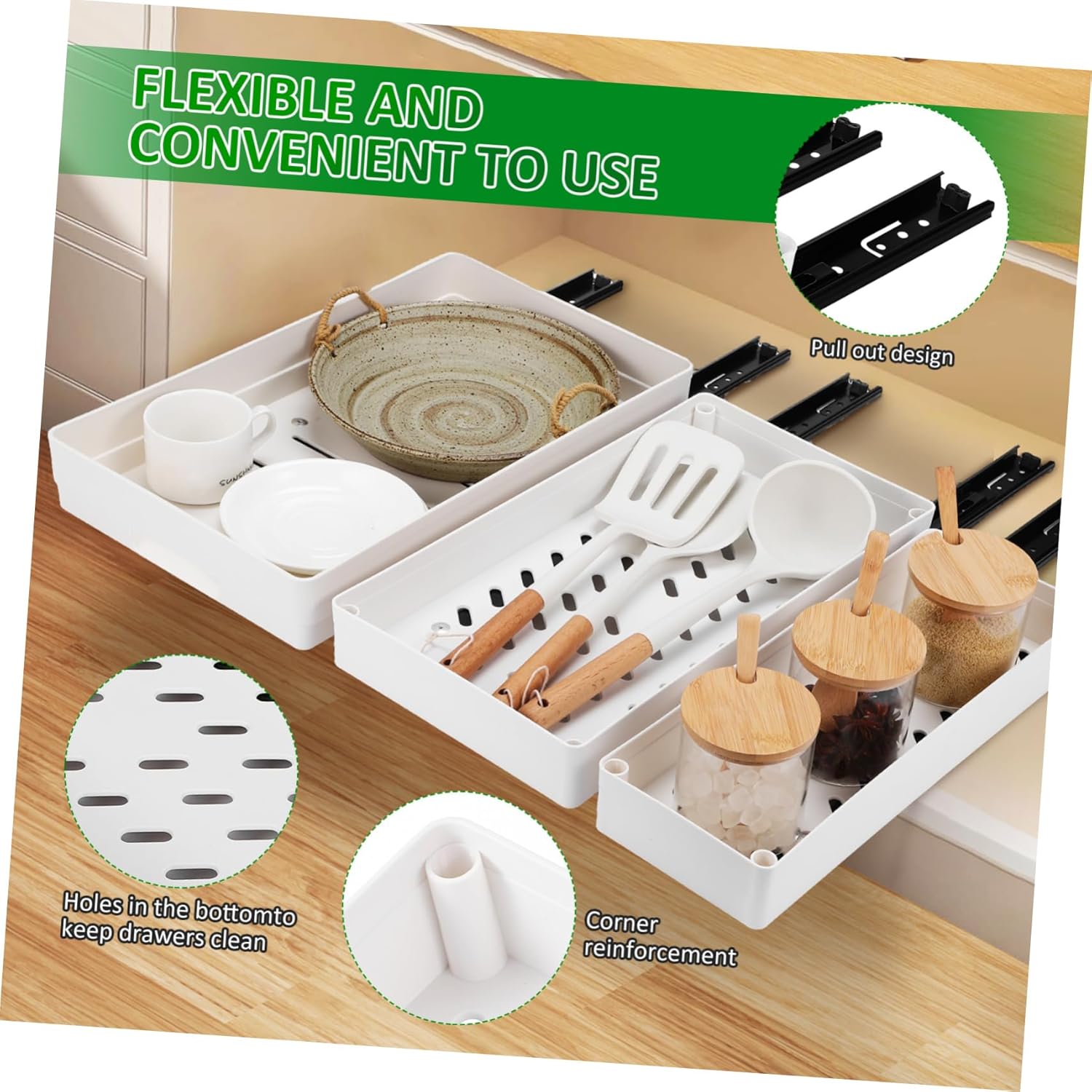 3pcs Cabinet Pull-Out Organizer Kitchen Shelf Pull-Out Storage Pan Rack Organizer No Drill Spacious