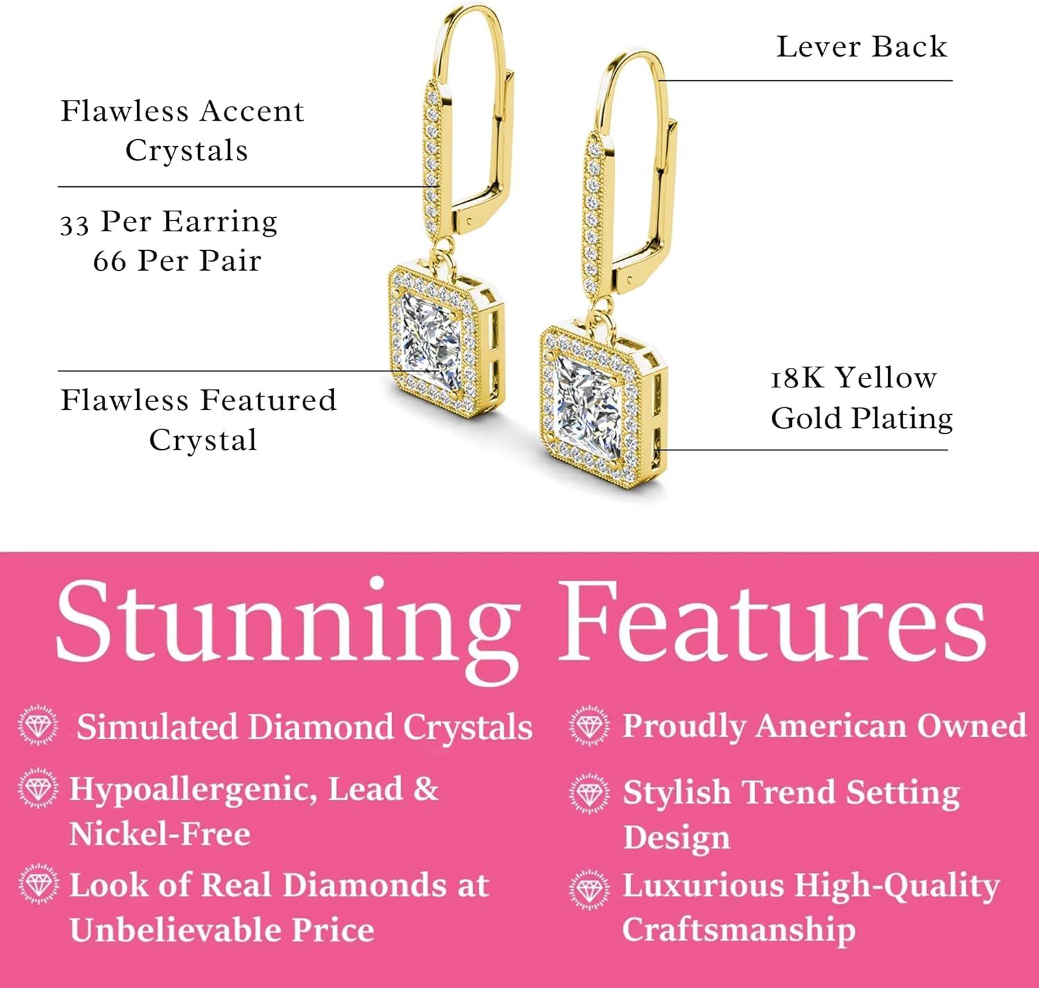 Cate & Chloe Ivy 18k Gold-Plated Dangle Earrings with Princess Cut Simulated Diamond Crystals, Hypoallergenic Jewelry for Women, Gift for Her on Christmas, Birthday, Anniversary