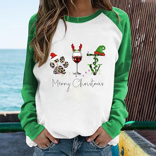 Miniatura 2 de Merry Christmas - Sudadera de manga larga con contraste de color casual para mujer con estampado de elementos de Navidad cuello redondo camiseta