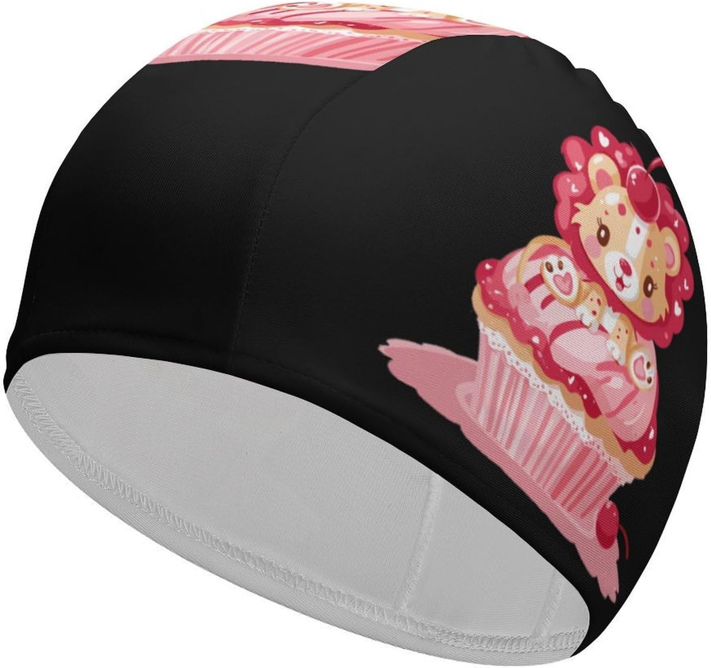 Lion on Cupcake Cherry Womens Swim Cap for Men Adult Swimming Hat Curly Short Medium Long Hair