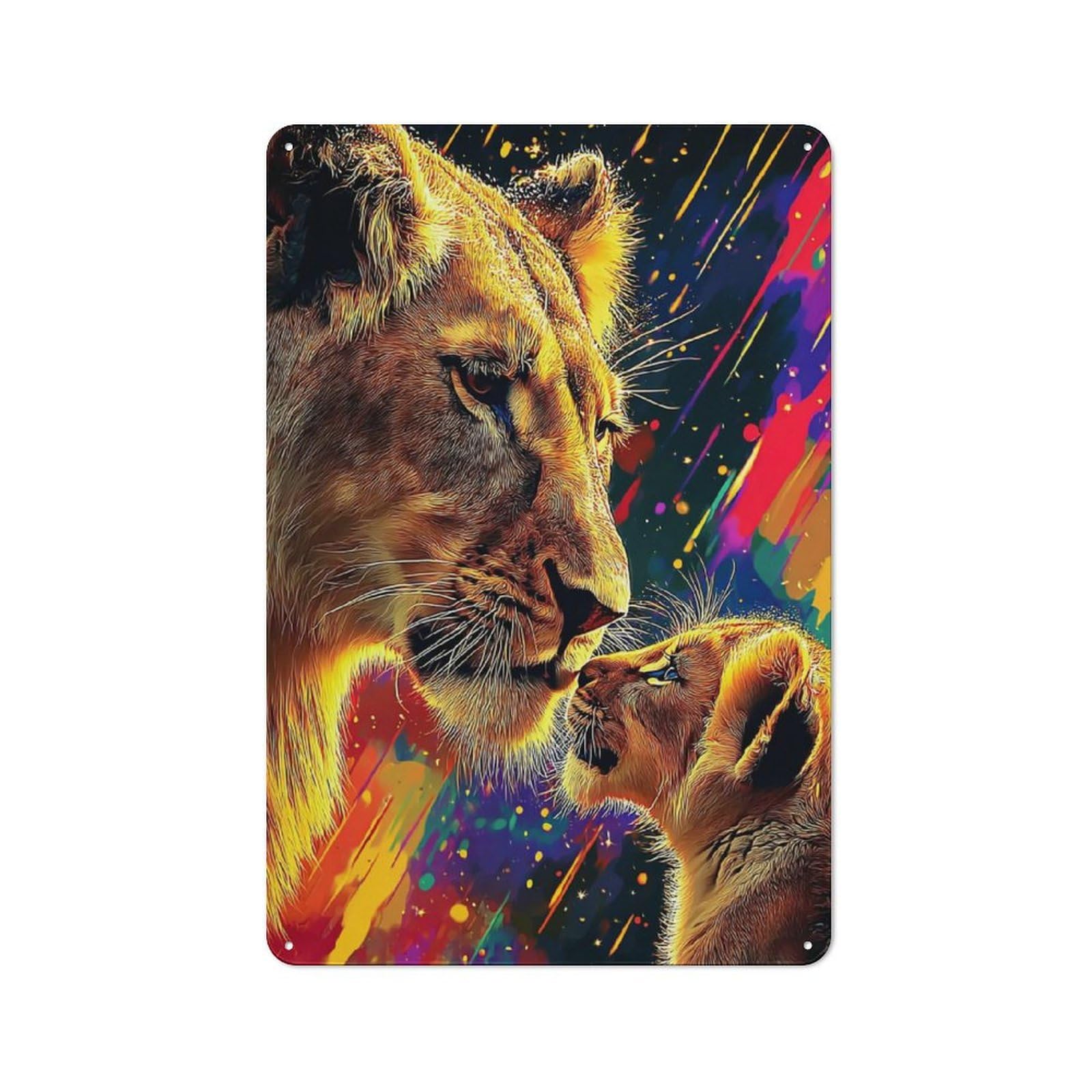 Junmoney Colorful Lioness And Cub Retro Metal Plaque 30X20cm For Lounge Or Reading Corner, Suited To Lounge Decor Fans