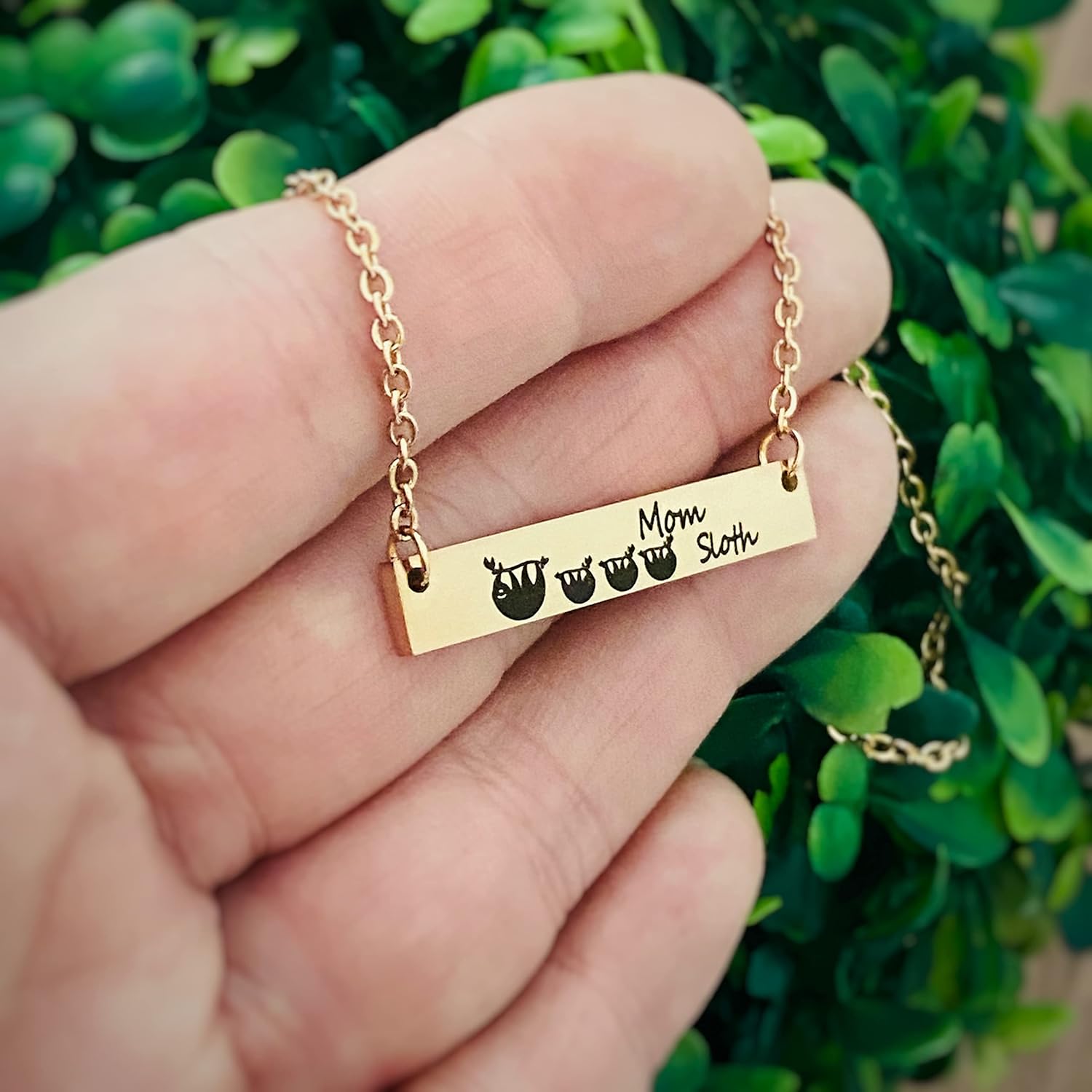 Mama Sloth Jewelry for Women Mother's Horizontal Bar Necklace, Gift for Her - Choose Silver, Rose Gold or Yellow Gold in 16, 18, or 20 inch