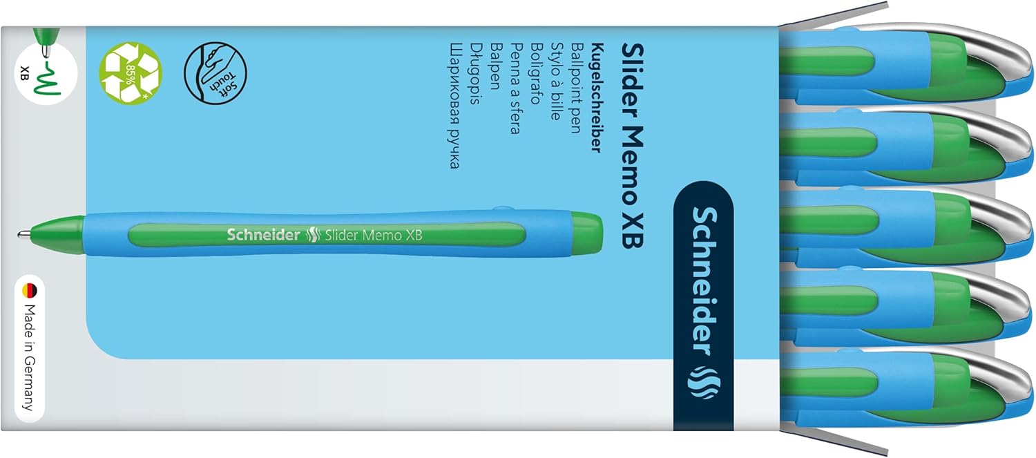 Schneider Slider Memo XB (Extra Broad) Ballpoint Pen, 1.4 mm, Light Blue Barrel, Green Ink, Box of 10 Pens (150204)