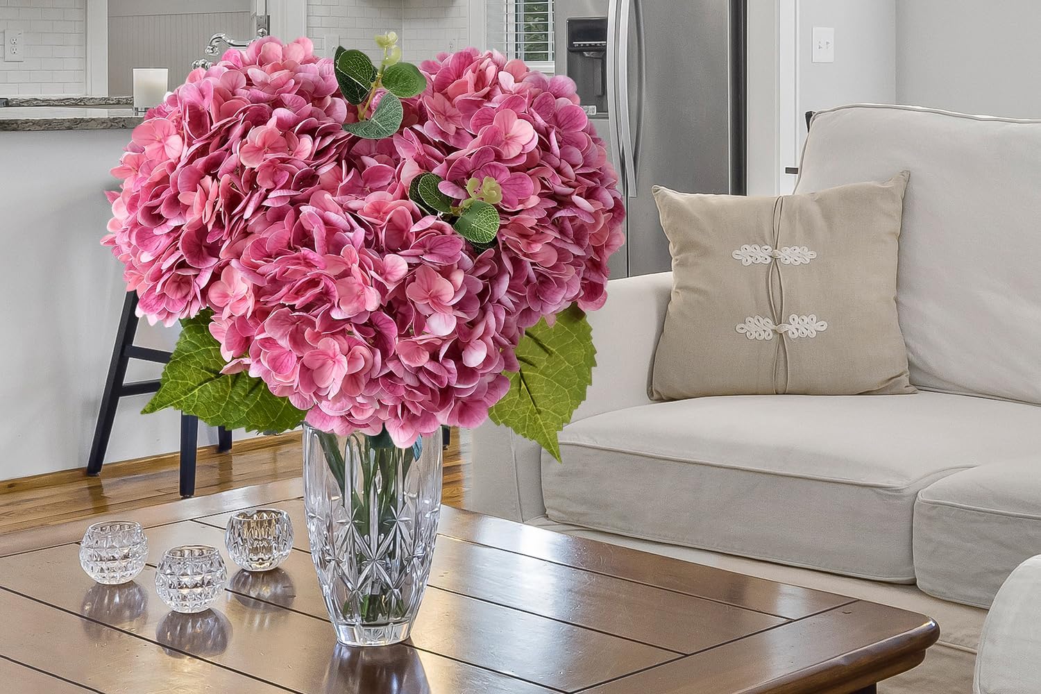 ZYTUYO 3 PCS Magenta Hydrangea Real Touch Artificial Flowers 21'' Latex Large Hydrangea with Long Stems for Wedding Table Centerpieces Indoor Kitchen Spring Home Decor Outdoor Porch