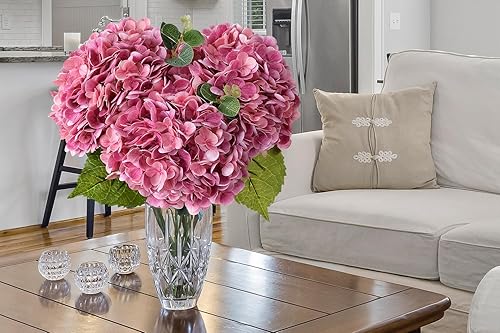 Miniatura 8 de 3 piezas de hortensias magenta de tacto real de 21 pulgadas, hortensias grandes de látex con tallos largos para centros de mesa de boda, centros de