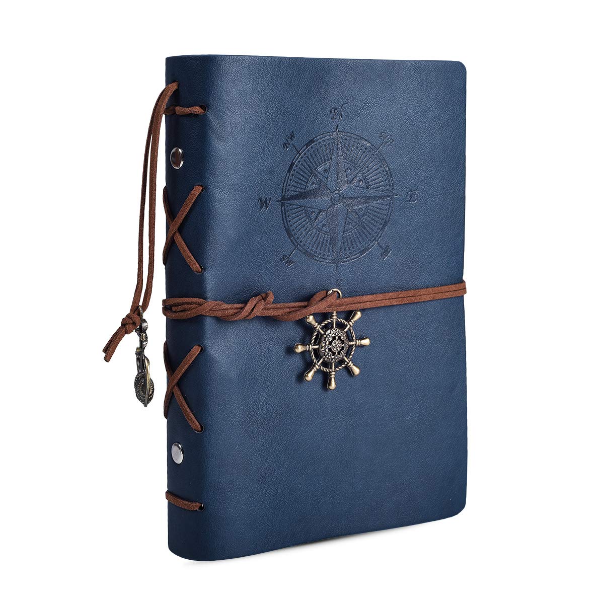 ARRLSDB Leather Writing Journal Notebook, 7 Inches Vintage Nautical Spiral Notebook Refillable Diary Sketchbook Travel Journals to Write in, Blank Pages, Classic Embossed, Retro Pendants (Deep Blue)