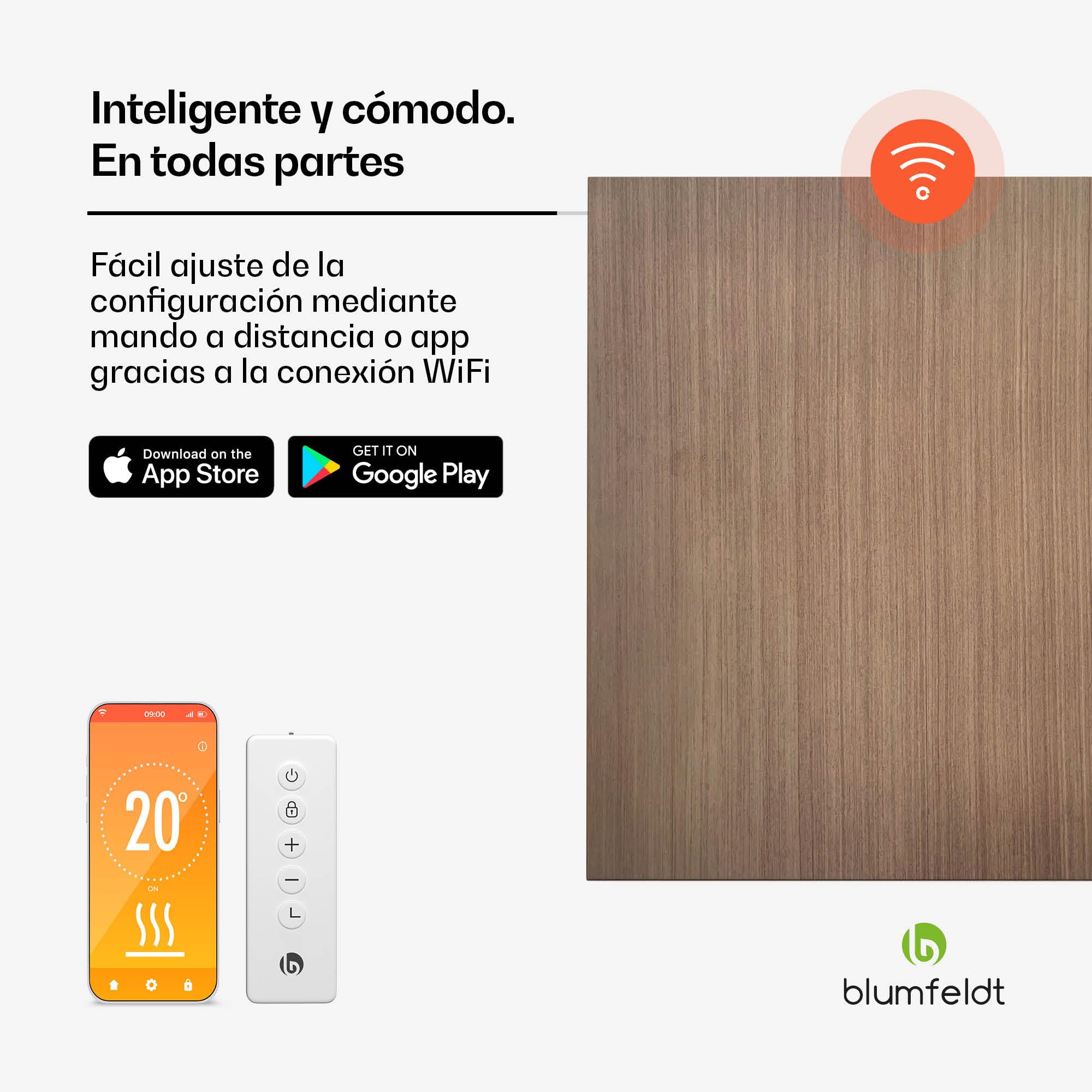 Blumfeldt Calefactor Infrarrojo, 350W – Montaje en Pared, Control Wifi, IP44 para Baños, Termostato Integrado, Detección de Ventanas, Eficiencia Energética 99%, Mando a Distancia, Color Madera
