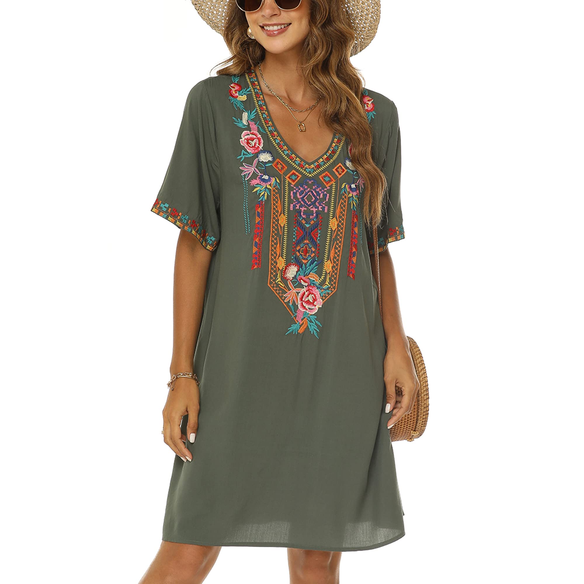Mujer Verano Boho Mexicano Vestido Campesino Manga Corta Bordado Floral Vestidos Flowy Túnica Suelta Hippie Bohemia