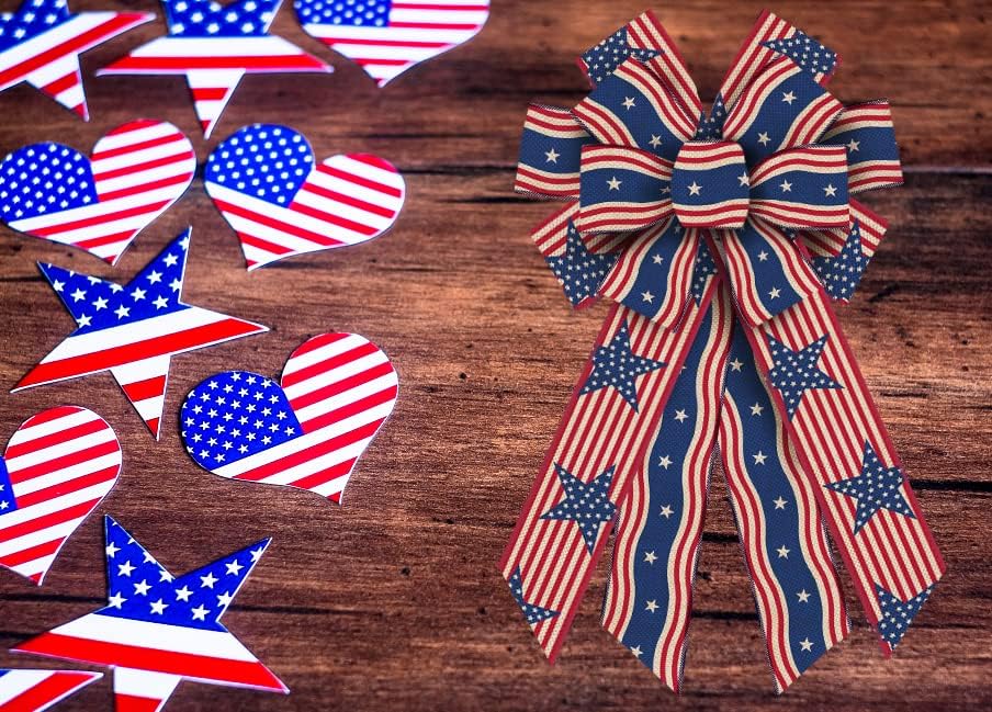 Miniatura 3 de Cintas patrióticas con borde con alambre de 2.5 pulgadas, 10 yardas, cinta de lino rojo y azul con alambre de tela patriótica de estrellas para