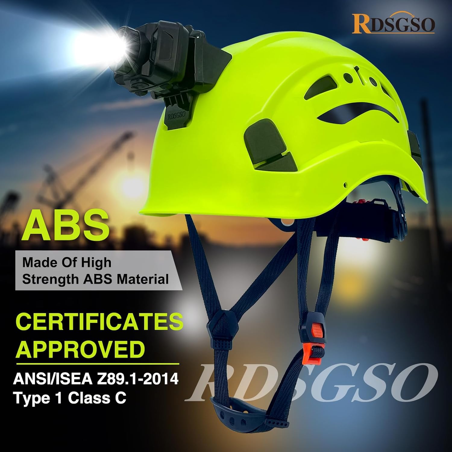 Industrial Safety Helmet with Light RGS-8C Adjustable Vents Breathable Lightweight Hard Hats with Headlight for Construction,Outdoor Work ANSI Certified
