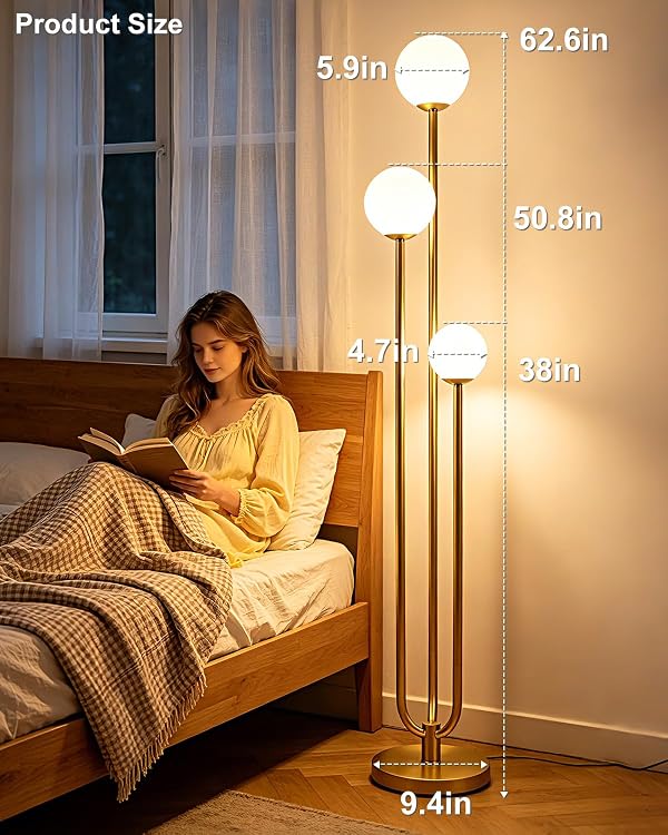ACOHOOK 63IN 3-Light Dimmable Floor Lamp, Unique Gold Tall Standing Lamps with 3000K G9 Bulbs for Reading, Mid Century Modern Floor Lamp with 5Lbs Heavy Base for Living Room Bedroom Home Office by ACOHOOK - Used condition - Image 8