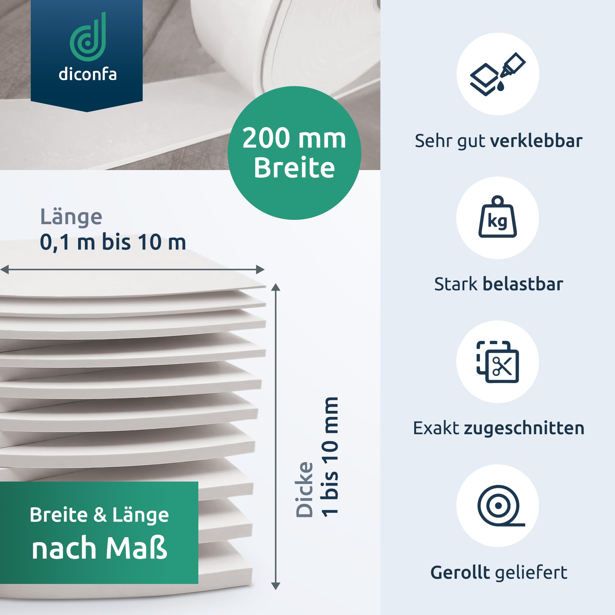 diconfa Gummistreifen EPDM hell weiß 200mm 20cm breit - Dicke 1 bis 5mm - LÄNGE 0,05 bis 10m - 1200mm (120cm) lang, 4mm stark - KEIN Geruch Gummimatte UV-stabil FDA-konform für Lebensmittel