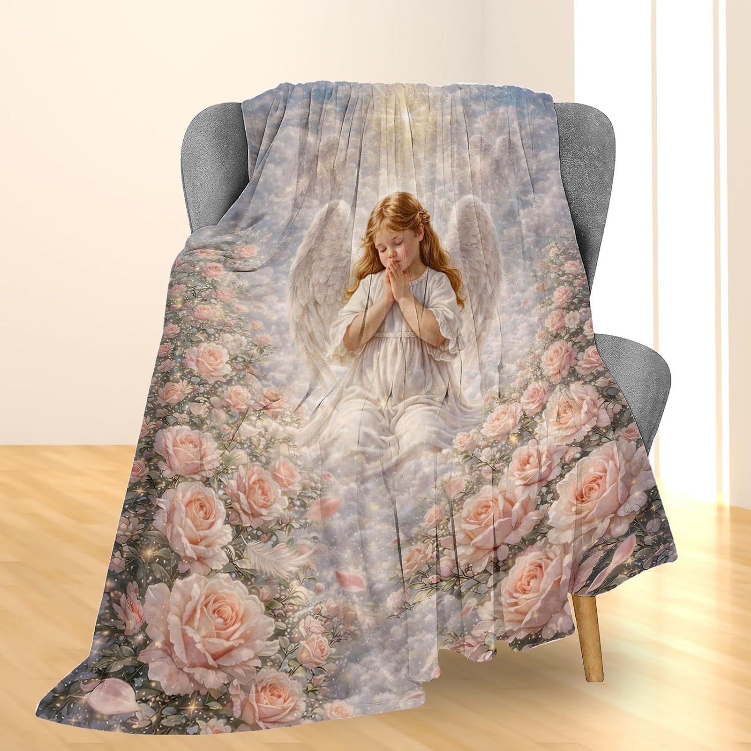 Praying Angel Heavenly Sky Blanket Gifts, Spiritual Faith Art Flannel Throw Blanket for Couch, Bed, Travel & Decor, Cozy Lightweight Warm Blankets for Girls Women Christian 60×50 in
