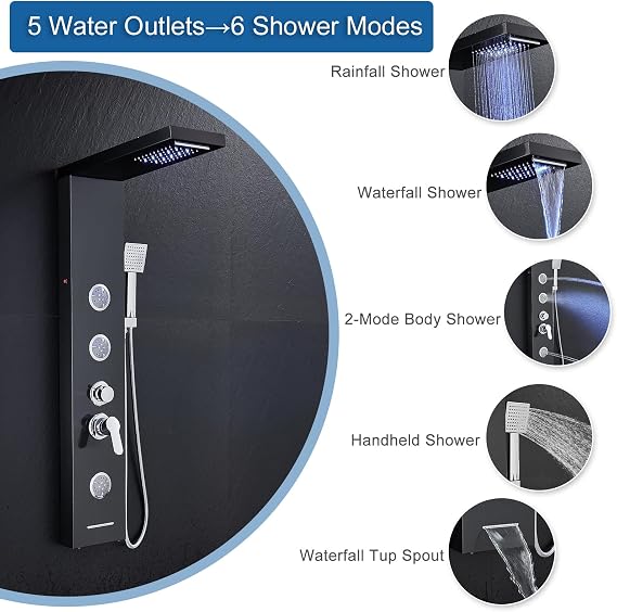 Shower Tower Panel with Mixer and LED, 6 Shower Modes: Rain＆Waterfall, 2 M Massage Jets, Handset and Bath Spout, Stainless Steel Shower Column Black Shower Panel