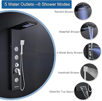 Shower Tower Panel with Mixer and LED, 6 Shower Modes: Rain&Waterfall, 2 M Massage Jets, Handset and Bath Spout, Stainless Steel Shower Column Black Shower Panel
