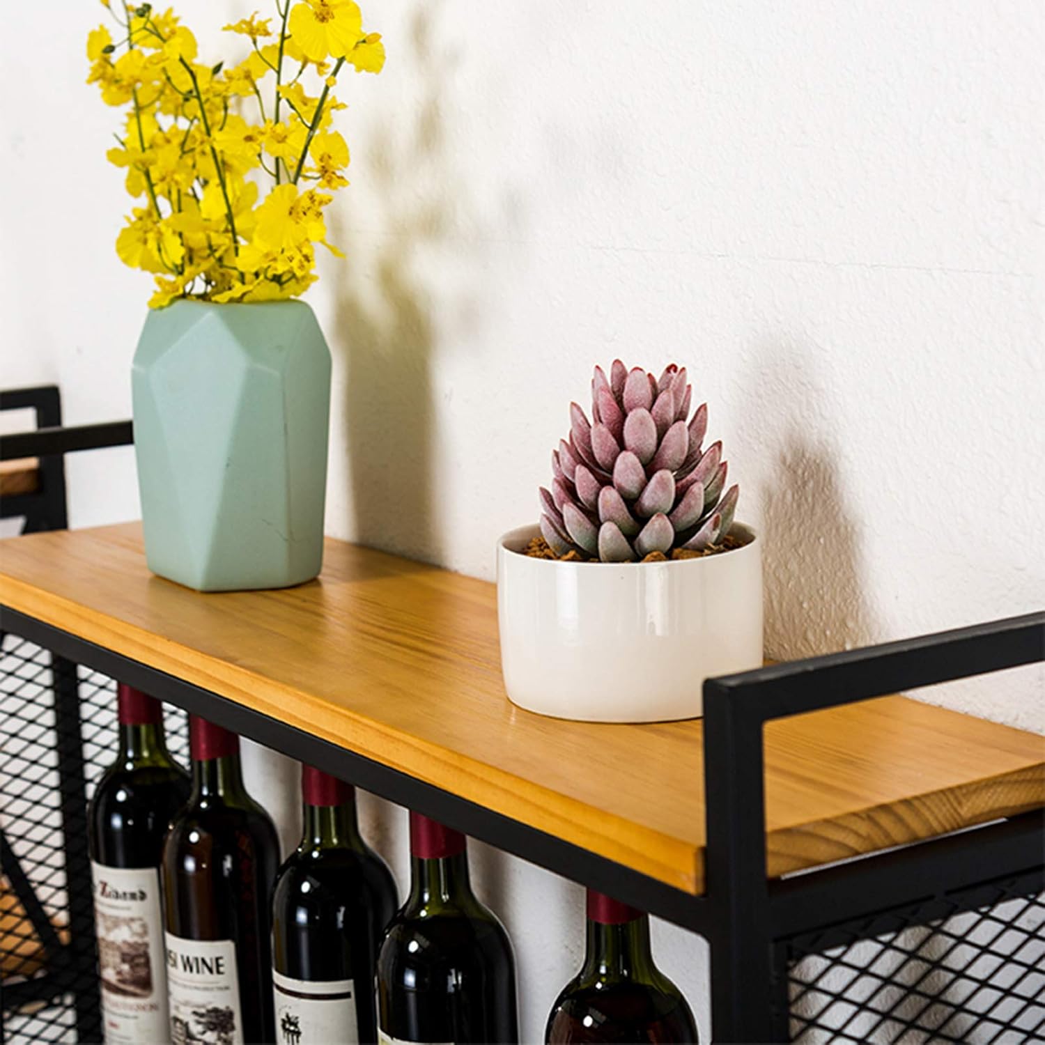 Wall Mounted Wine Rack - 6 Stem Glass Holder, Metal Hanging Storage Shelf for Kitchen Decor, Rustic Farmhouse Style, Fully Assembled Wine Display Solution