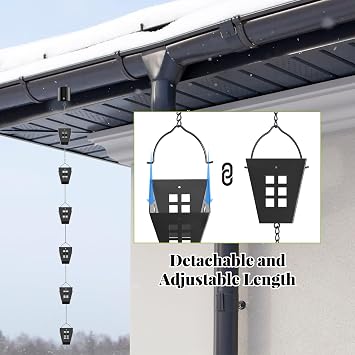 Rain Chains for Outside, Copper Plated Lotus Rain Chain Cups, Adjustable Rain Catcher Chain with Bell for Eaves Drainage, Replacement for Downspout (Black Grid)