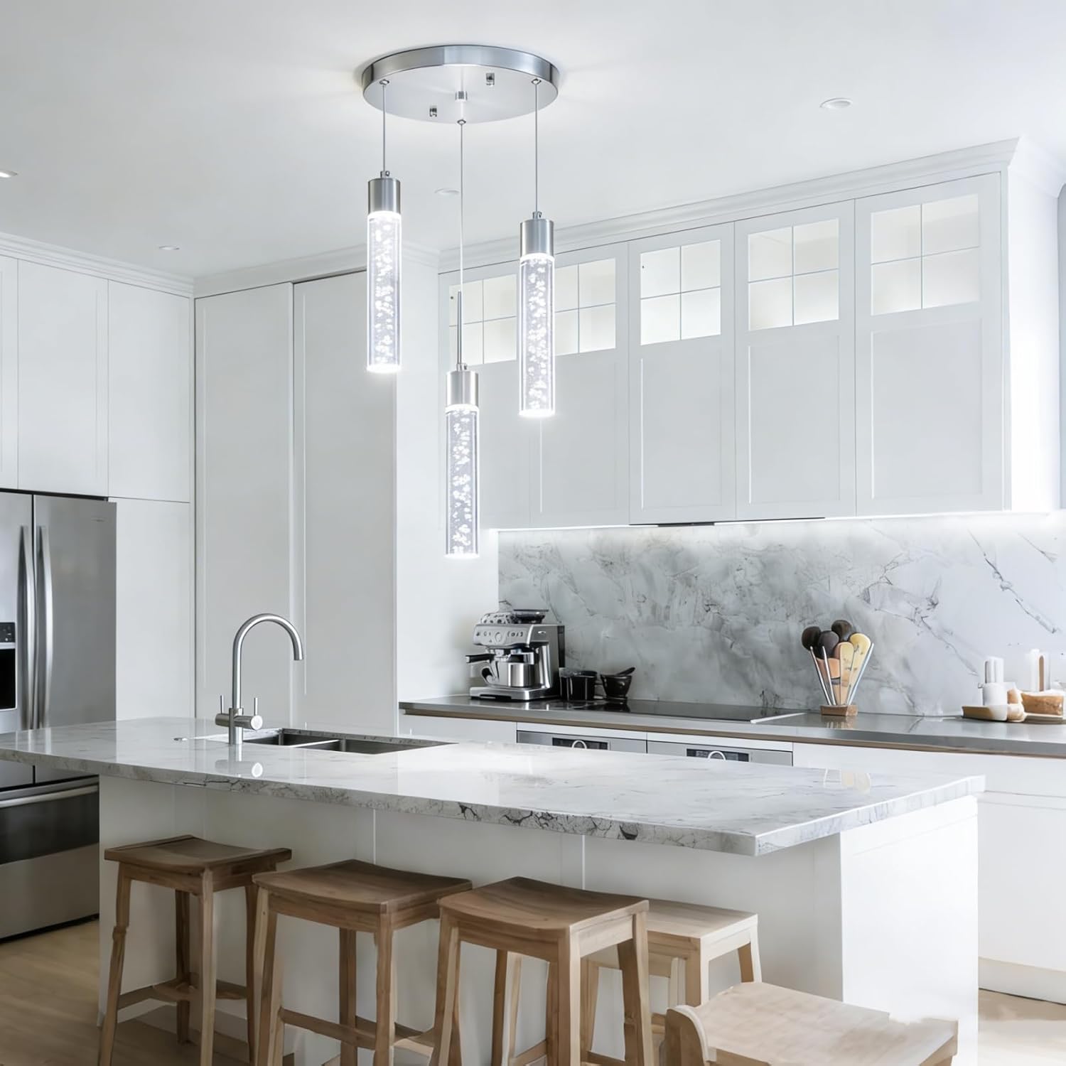 Pendant Lights Kitchen Island, 3-Light Brushed Nickel Cluster Pendant Light Fixtures, LED 6000K Kitchen Island Lights, Modern Hanging Light Fixture, Pendant Lighting for Dining Room Living Room