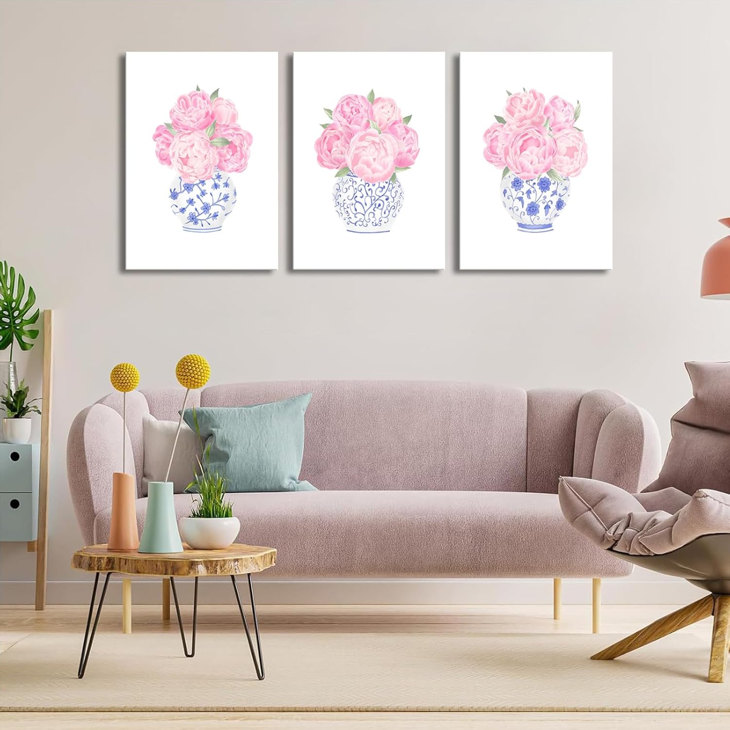 3pcs Pink Peonies Floral Canvas Wall Art Chinoiserie Blue And White Vase Wall Decor Pictures Preppy Aesthetic Posters Prints for Dorm Apartment Woman Bedroom Decoration (Canvas, 12x16in)