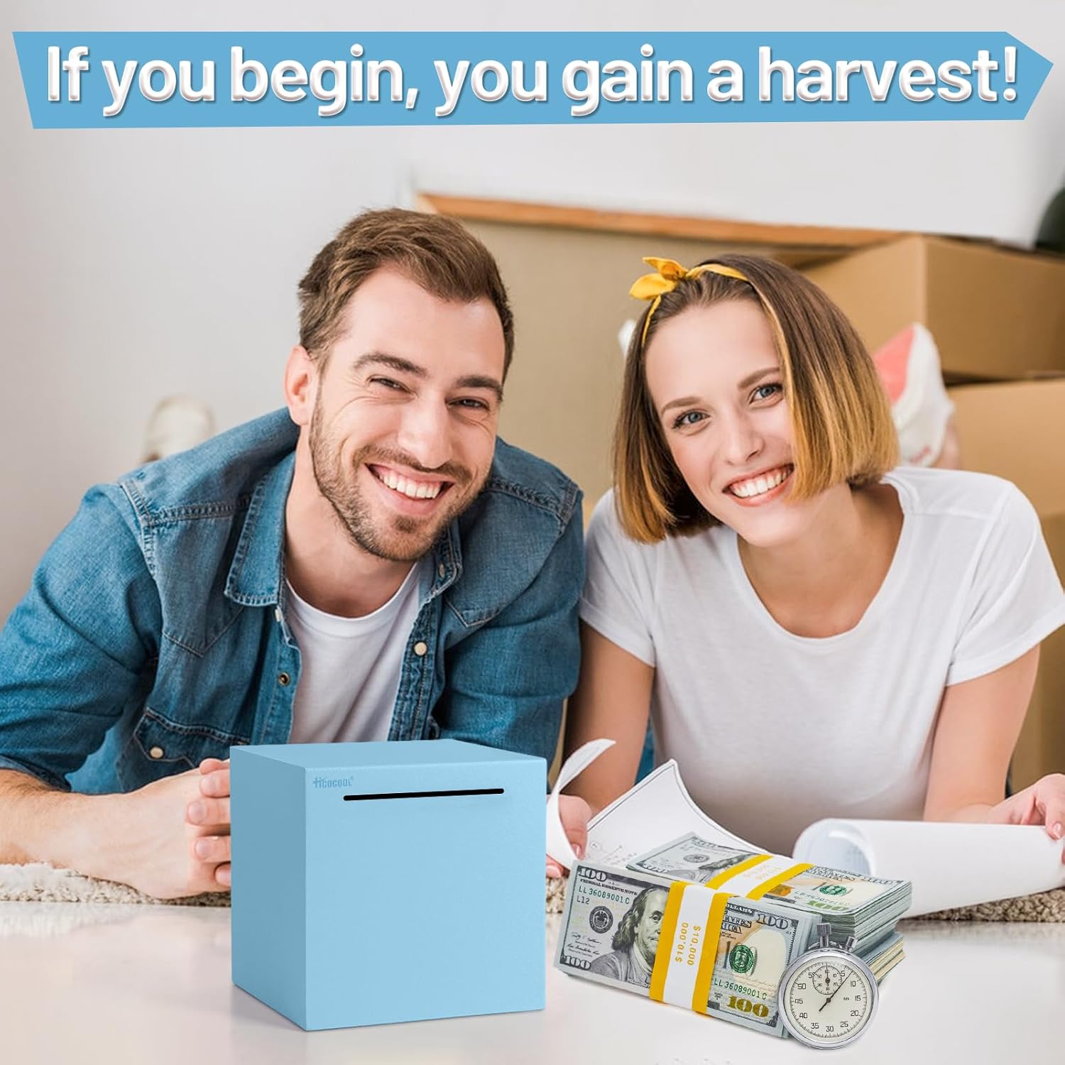 Hicocool Piggy Bank for Adults Must Break to Open, Stainless Steel Money Saving Box (Blue, 5.9 inch)