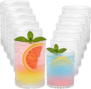 Hobnail Beaded Drinking Glasses Set of 12, 12 oz & 15oz Vintage Glassware Set Romantic Water Glasses Tumbler, Water Cups, Embossed Glassware Set for Beer, Juice, Cocktail, Soda, Beverages Clear