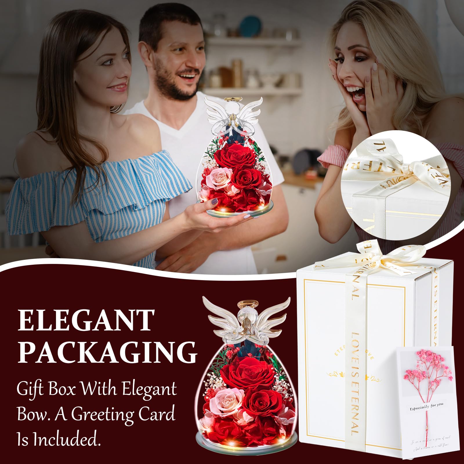 Rose Stabilisée Avec Figurine Ange – Cadeau Femme, Dôme Verre Épais, 3 Roses Naturelles, Lumière LED – Pour Anniversaire, Fête Des Mères, Saint-Valentin
