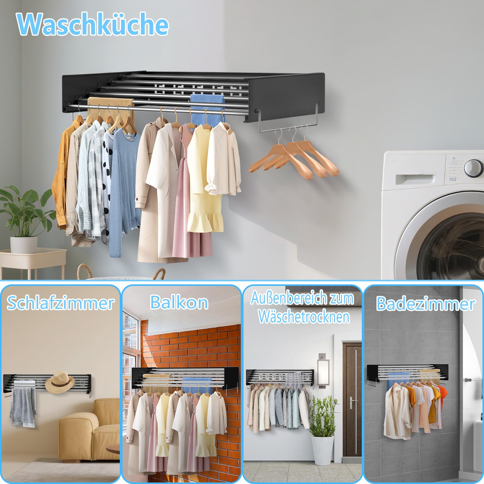 OUUTMEE Wandmontierter Wäschetrockner mit 80 cm Langen Stäben 5 Aufhängelinien Klappbarer Wäschetrockner für den Innen- und Außenbereich im Badezimmer (Schwarz)
