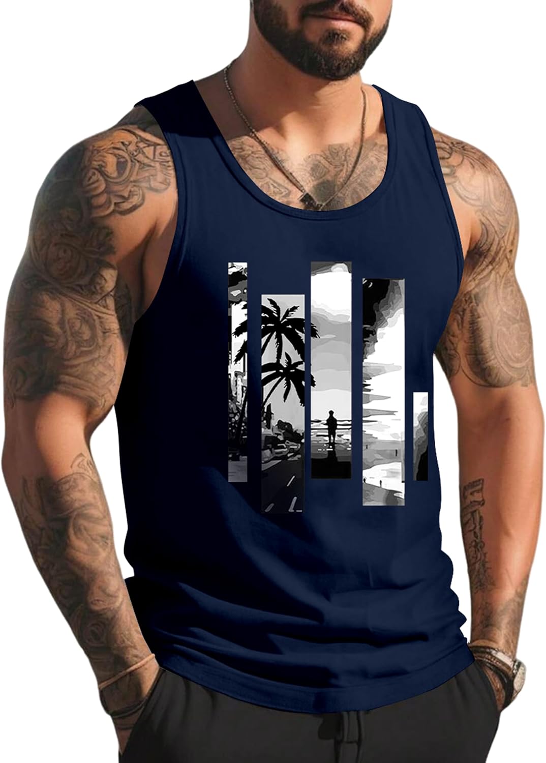 Mens Tank Tops Summer Beach Vacation Sleeveless Shirts Casual Palm Graphic Muscle Gym Workout Tank Top